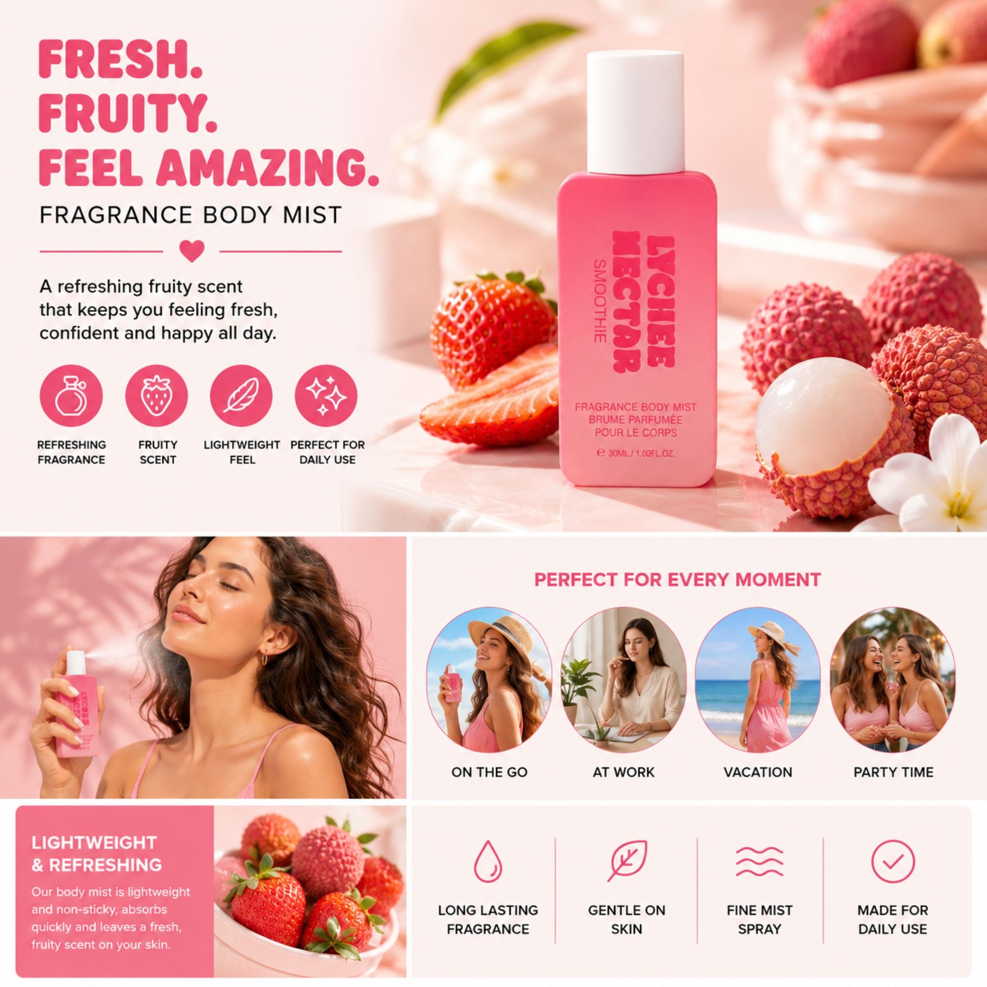 Pink bottle of Niche 'Lickstar' Fragrance Body Mist surrounded by fresh strawberries and raspberries, with promotional text and lifestyle photos of a woman smelling the fragrance.
