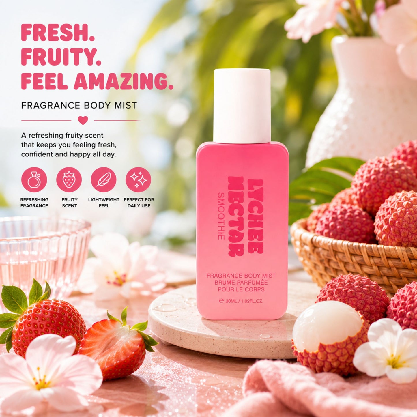 A pink bottle of Frappe Nectar Fragrance Body Mist stands on a wooden tray in a styled fruit-themed setting with strawberries, lychees, white flowers, and a basket. The left side includes promotional text and icons describing the scent as fresh, fruity, and feeling amazing.
