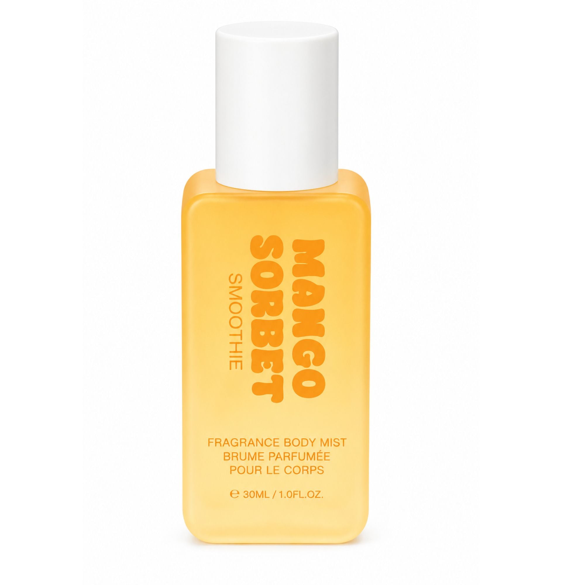 A 30ml bottle of Mango Sorbet Smoothie Fragrance Body Mist, featuring a translucent yellow-orange body and a solid white cap, set against a plain white background.