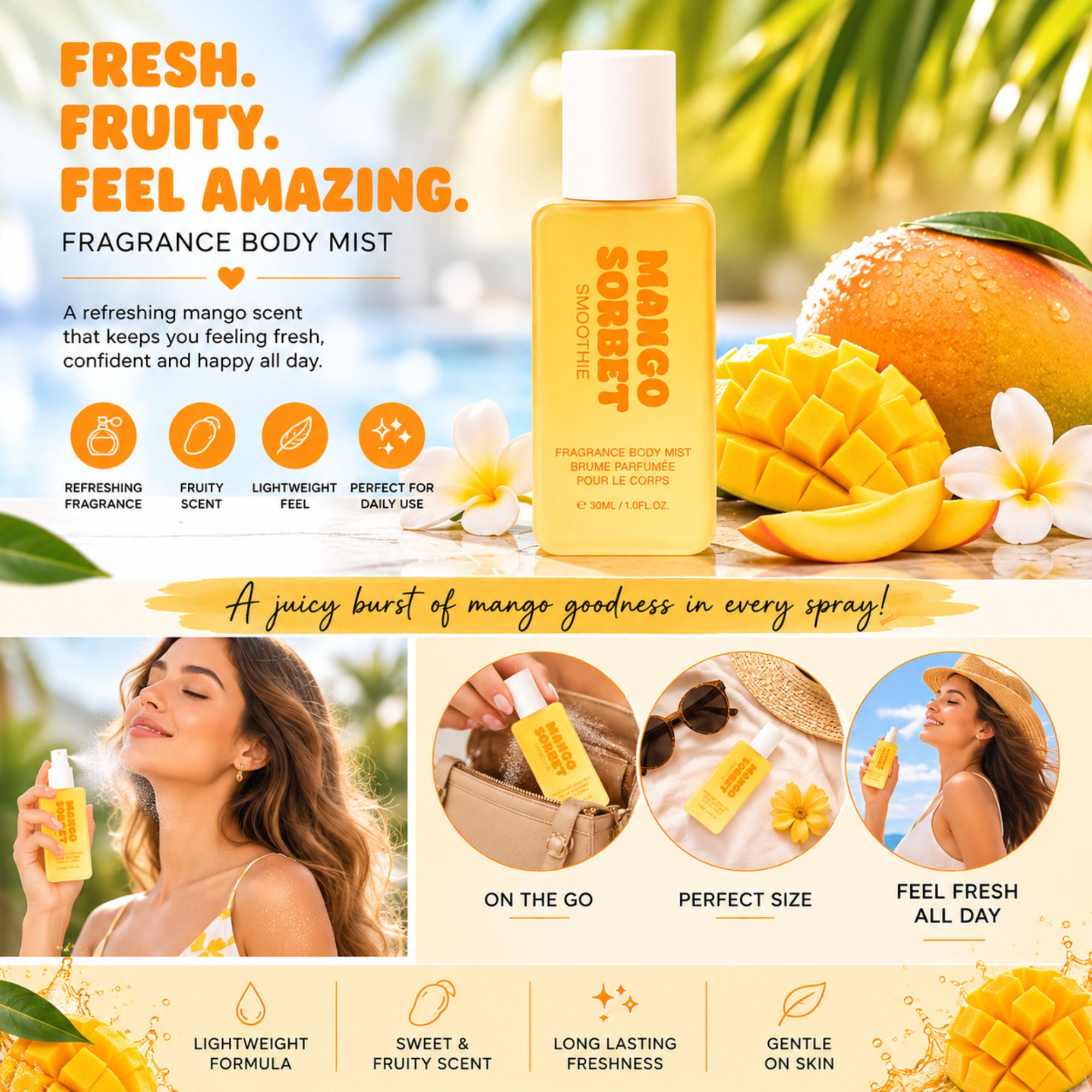A bottle of Fragrance Body Mist labeled Mango Sorbet is shown in a bright promotional layout with mangoes, flowers, and several women holding the spray. Text highlights the scent as fresh, fruity, and feeling amazing, with icons describing lightweight fragrance, fruity scent, and perfect for day/night use.