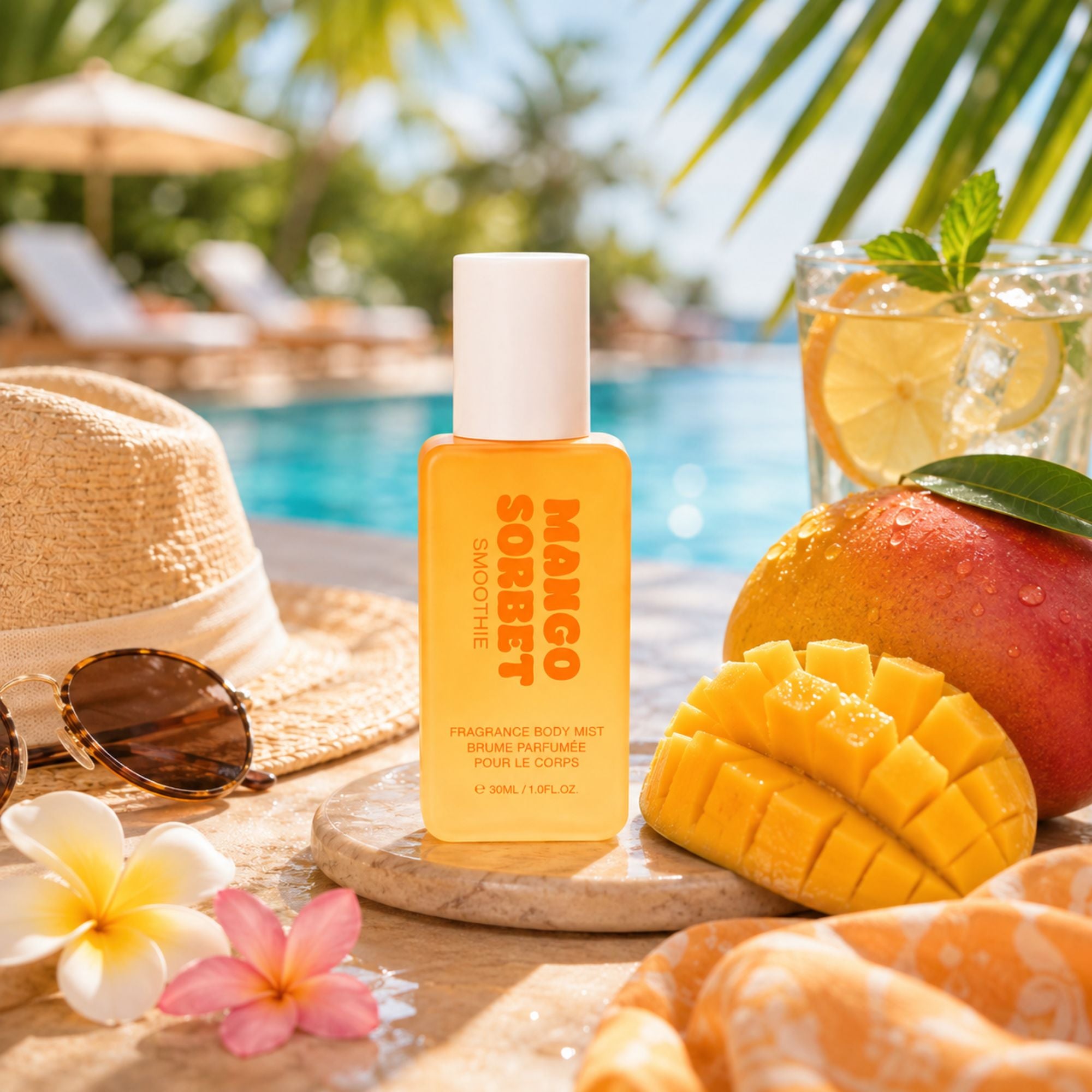 A bottle of Mango Sorbet Fragrance Body Mist stands on a stone tray at a poolside table, surrounded by a straw hat, sunglasses, plumeria flowers, a glass of lemonade, and fresh mangoes. The bottle label is bright orange-yellow with a white cap.