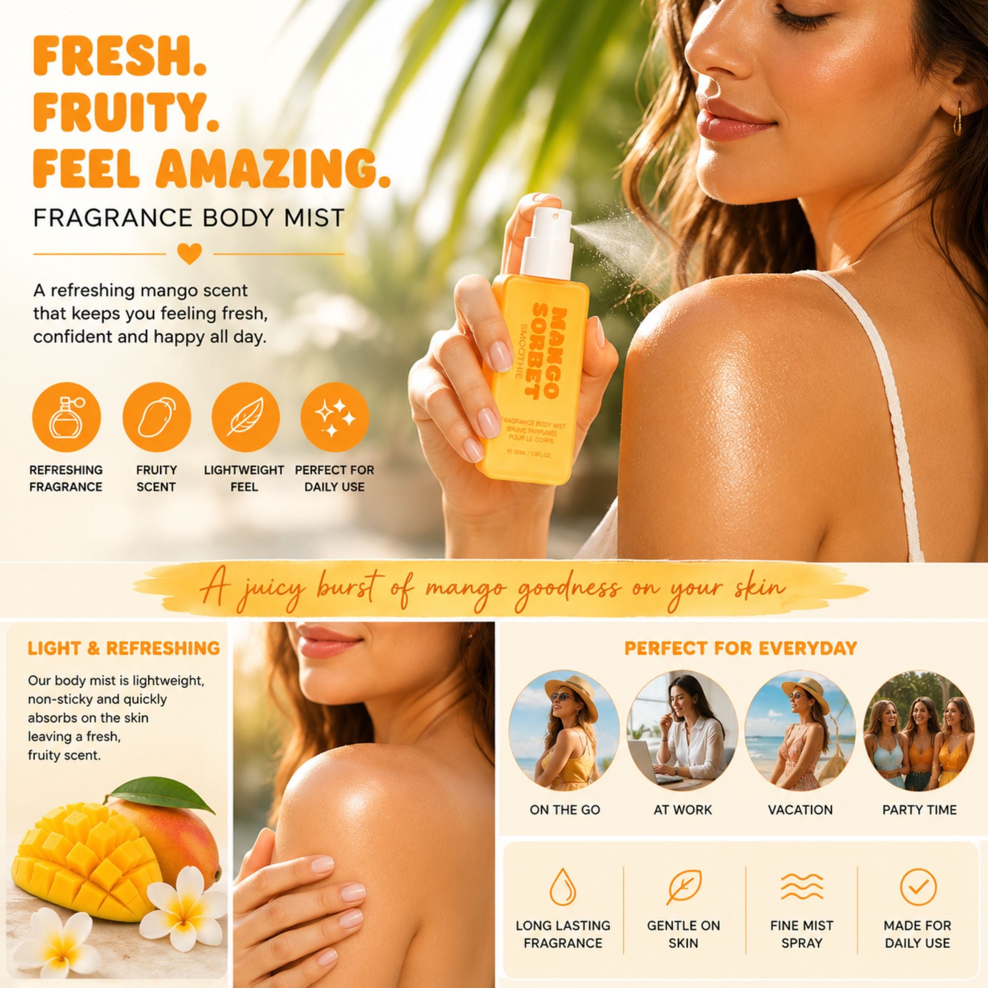 Promotional graphic for a Fruity Body Mist perfume bottle. The image features a woman holding a bright orange bottle labeled 'FRUITY BODY MIST' against a tropical beach background, alongside a woman with glowing skin.