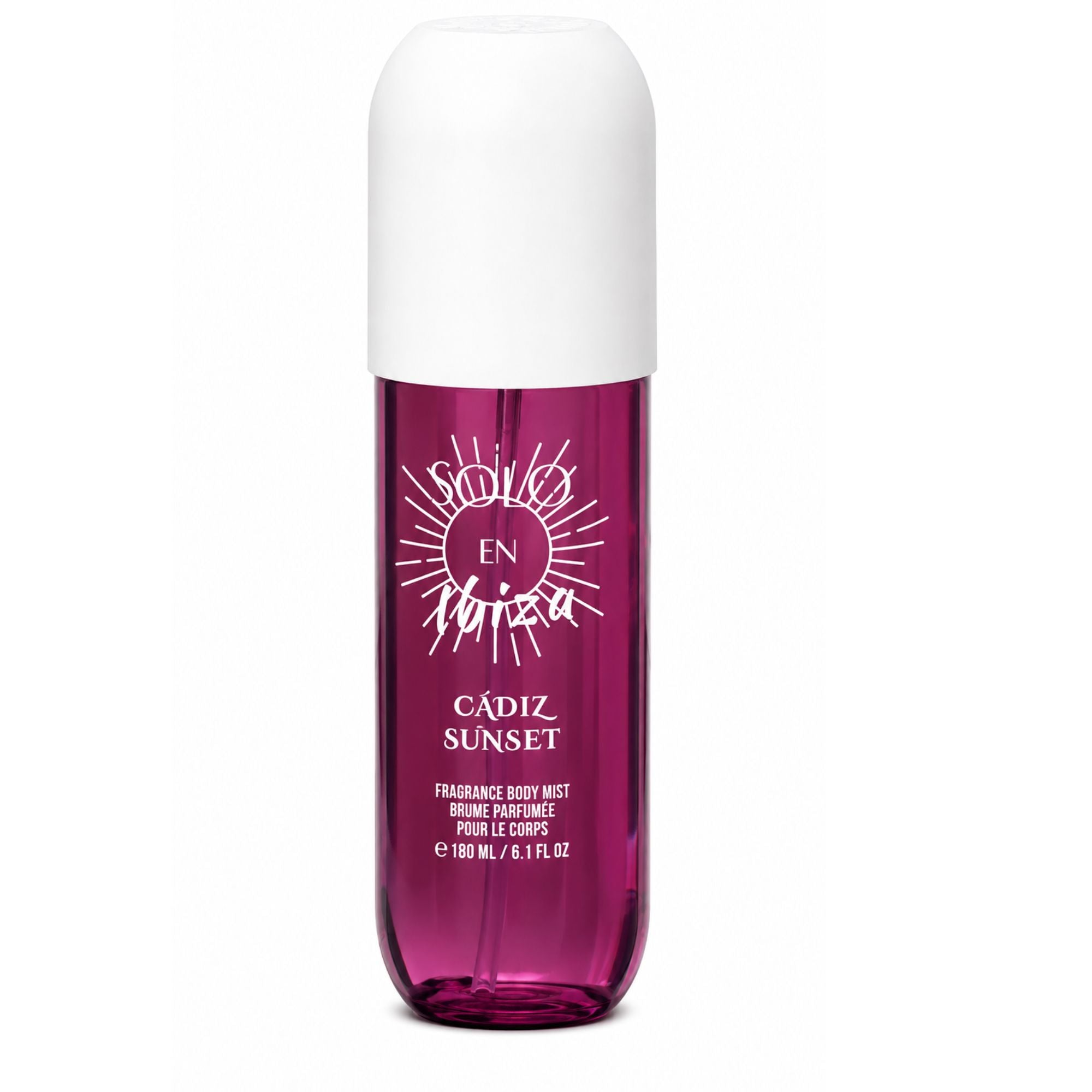 A bottle of 'Sodio En Torza' Cádiz Sunset fragrance body mist, featuring a translucent magenta-purple bottle and a white cap, set against a plain white background.