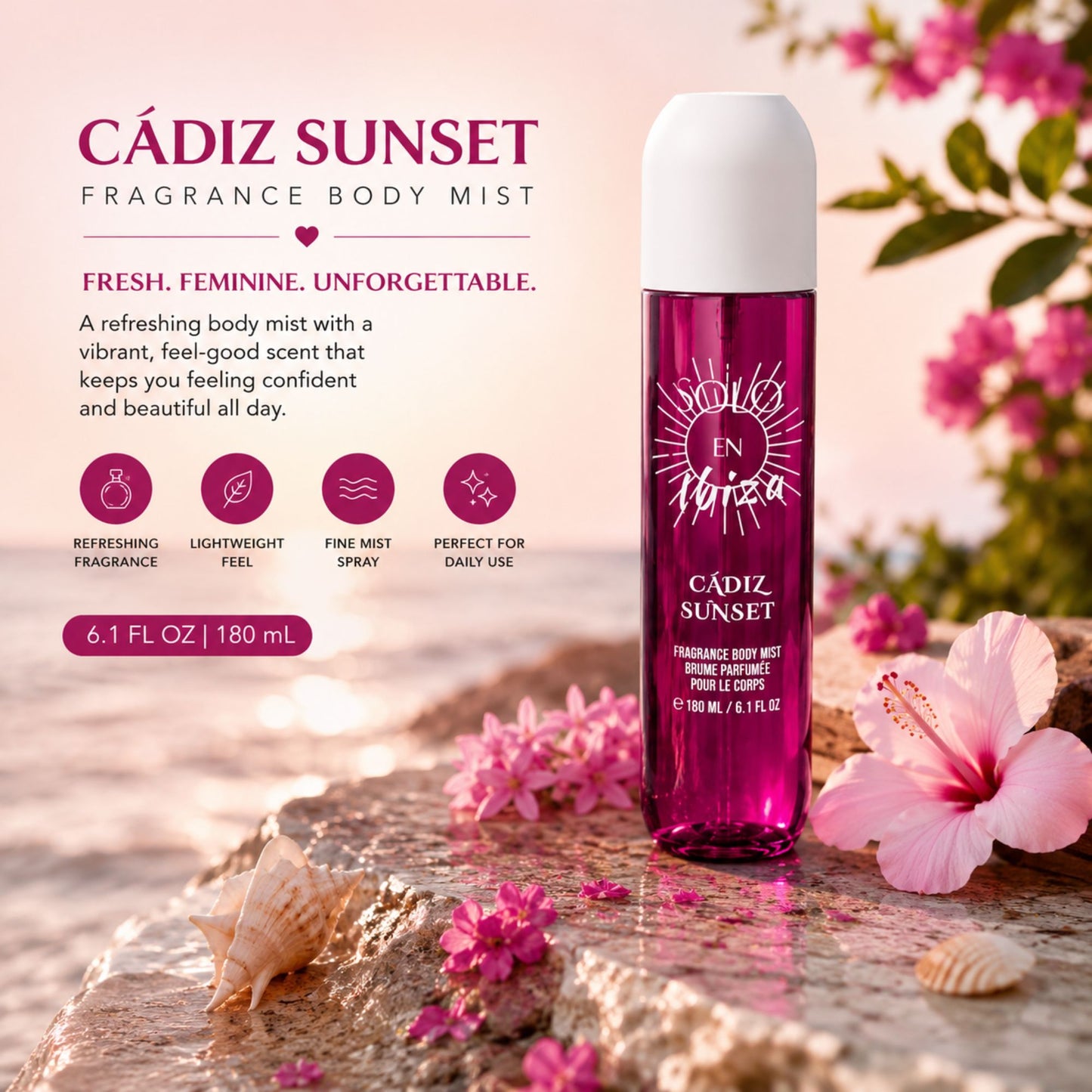 Cádiz Sunset Fragrance Body Mist bottle displayed on a beach-themed background with pink hibiscus flowers, seashells, and rocks. The bottle is a vibrant magenta pink with a white cap, and the background is a soft-focus beach scene.