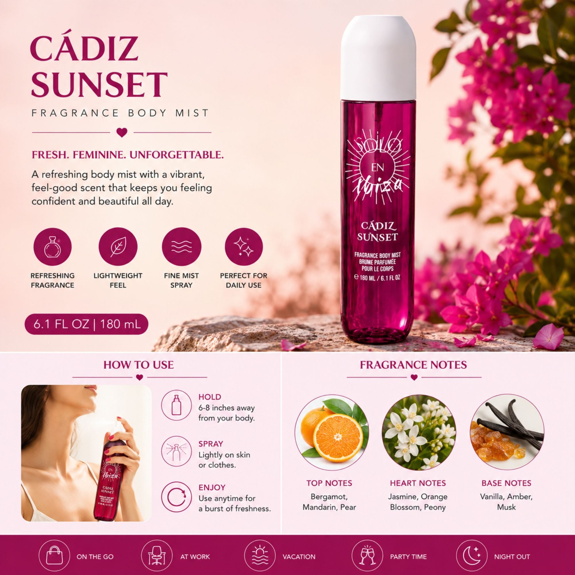 Cádiz Sunset Fragrance Body Mist bottle in a vibrant magenta pink color with a white cap, presented on a warm pink background with floral accents and informational graphics detailing its scent notes and usage.