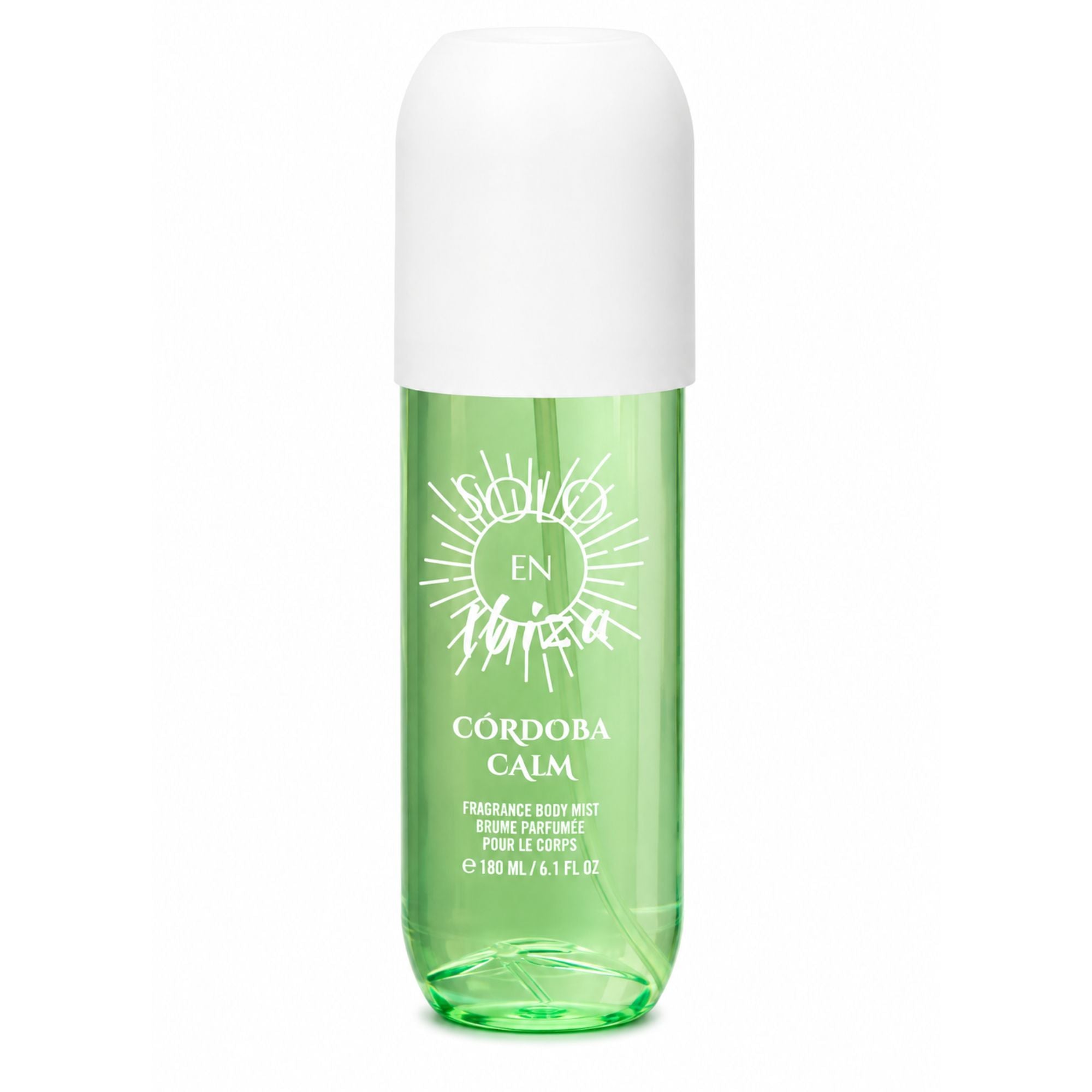 A roll-on body mist bottle by Solfaro Enigma, featuring a translucent light green body and a solid white cap, on a clean white background.
