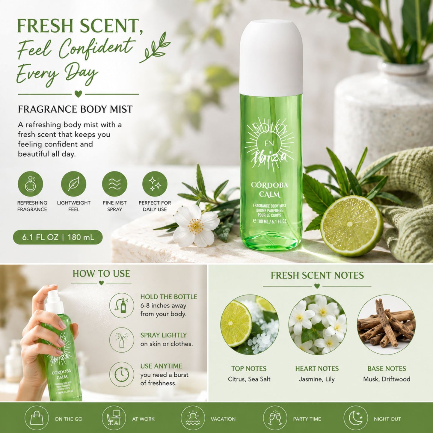 A promotional graphic for Corpora Cava Fragrance Body Mist by Scents in Super. The image features a clear bottle filled with bright green liquid and topped with a white cap, set against a styled background of green leaves, white flowers, and a lime slice.