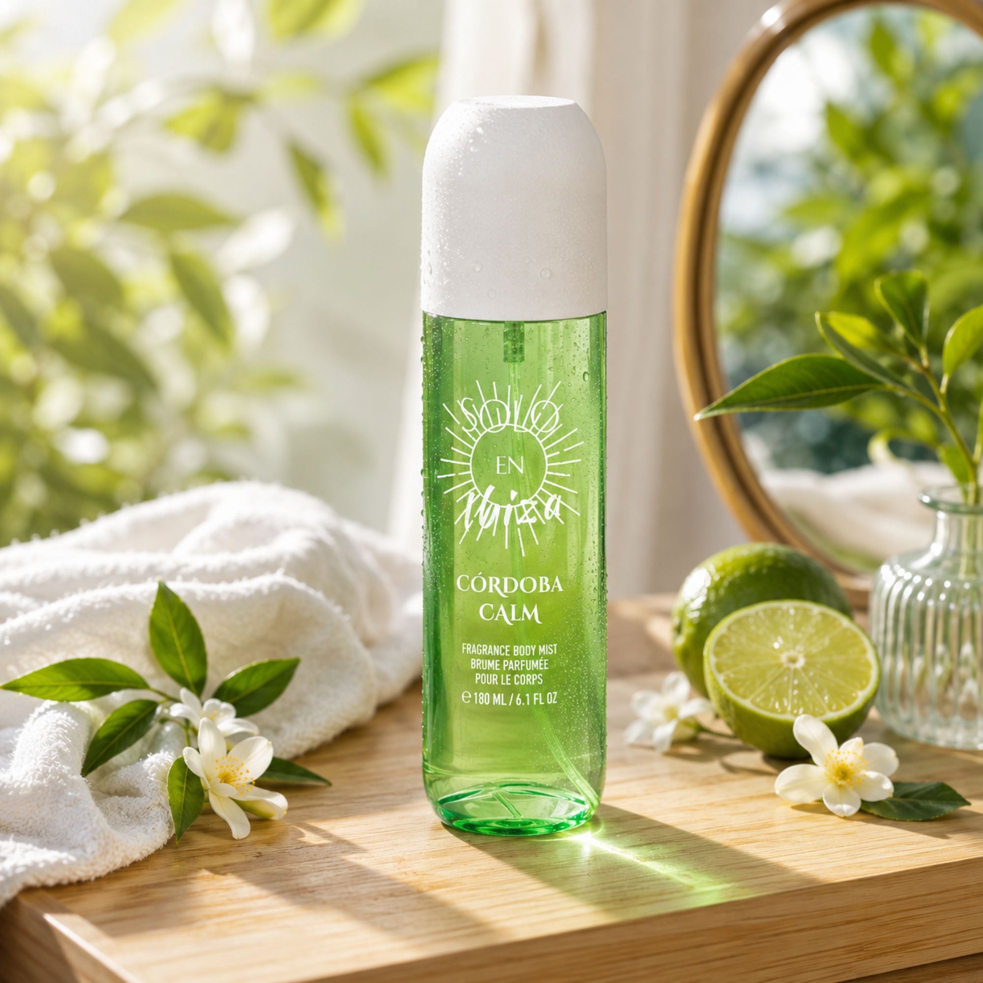 A clear bottle of Soudé En Marsa Cordoba Calm fragrance body mist with a white cap, set on a wooden tray with a white towel, fresh limes, white flowers, and a mirror in a bright, sunlit setting.