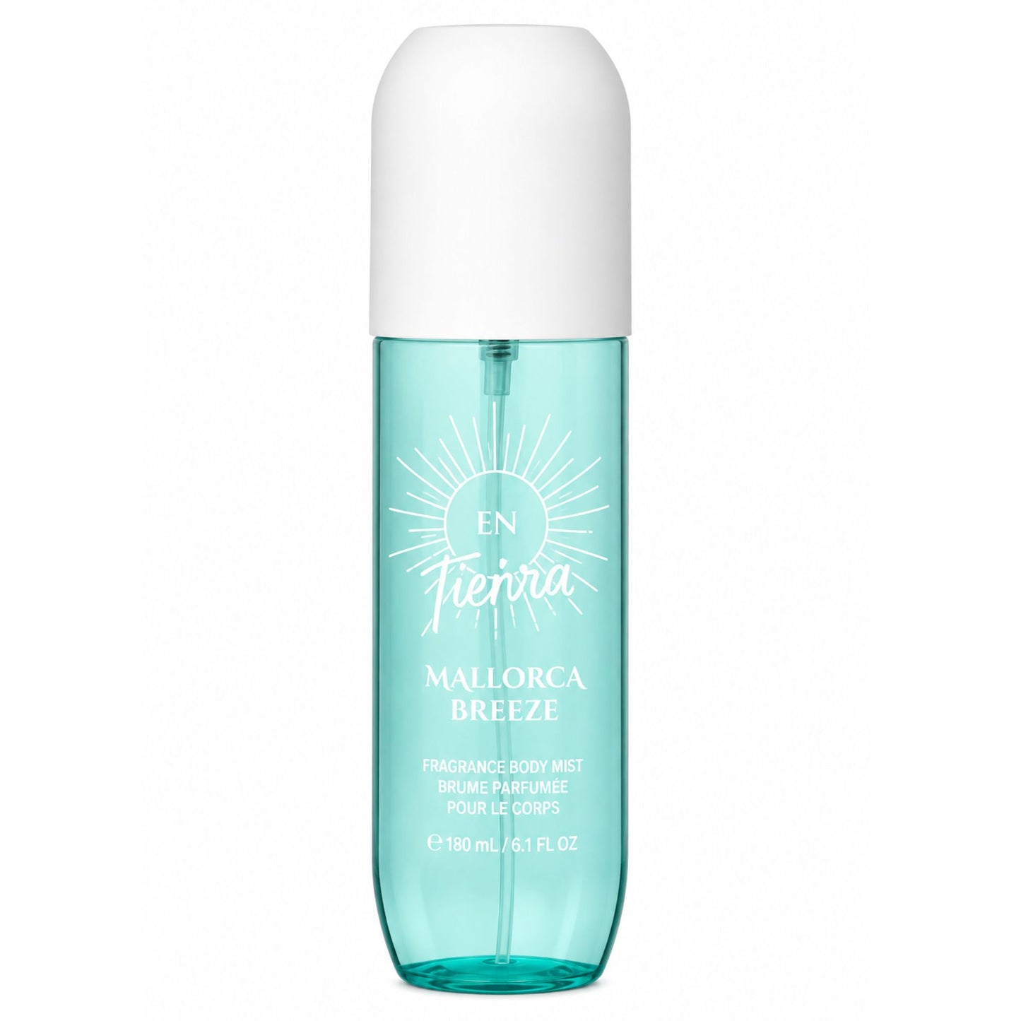 A 110 mL roll-on bottle of En Tierra Mallorca Breeze Fragrance Body Mist, featuring a translucent light teal body and a white cap, set against a plain white background.