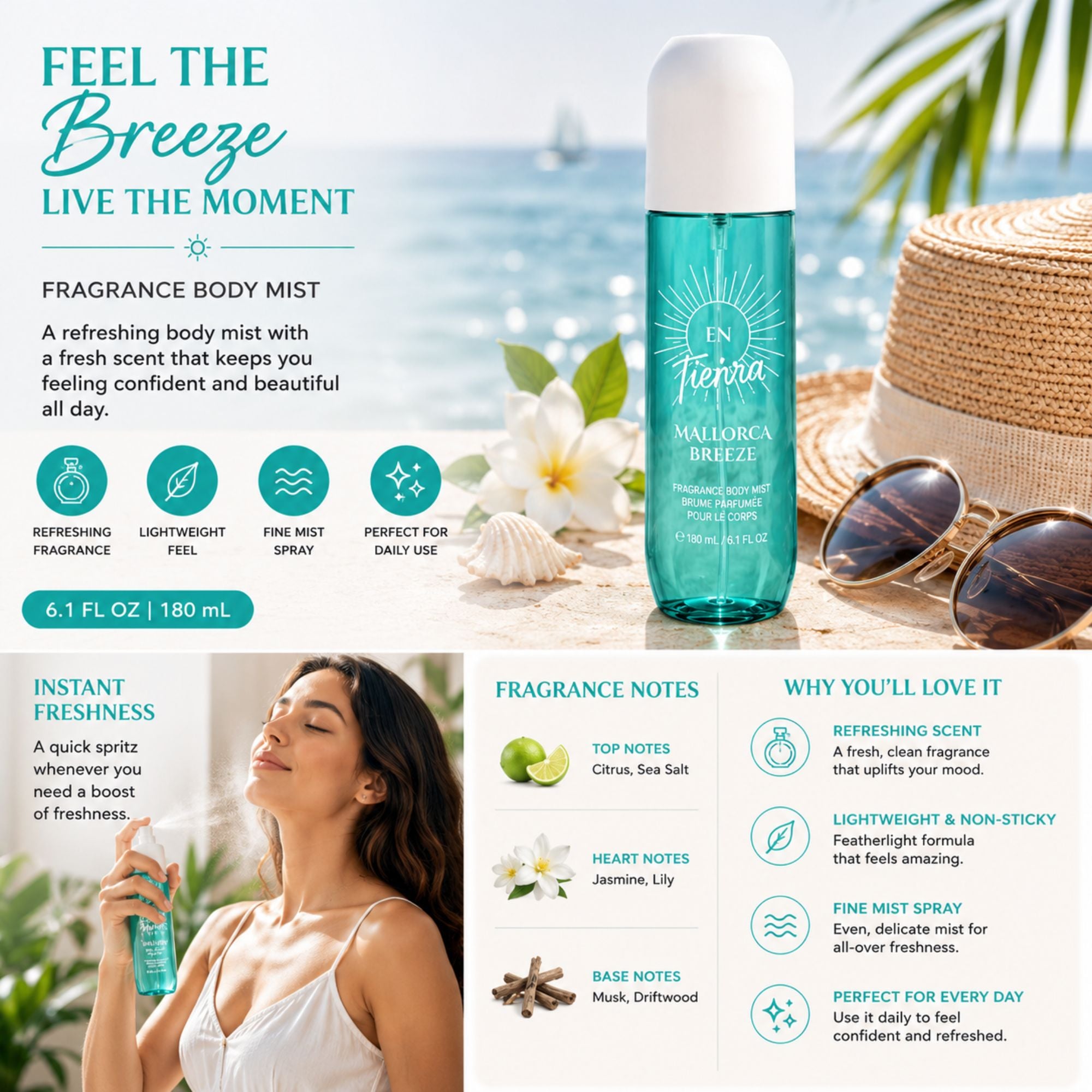A promotional graphic for En Tienja 'Mallorca Breeze' fragrance body mist. The image features a turquoise spray bottle with a white cap, set against a tropical beach background with a woman spraying the mist, white flowers, a straw hat, and a coconut.