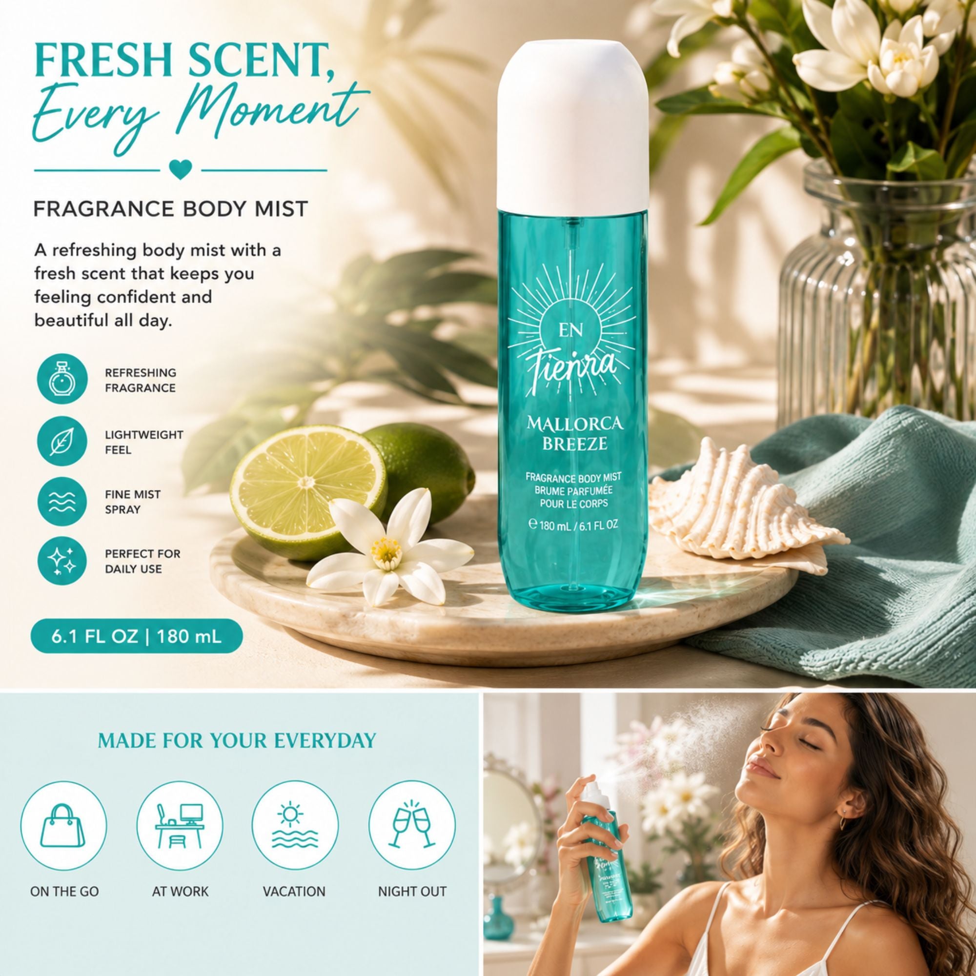 A teal and white En Tierra fragrance body mist bottle labeled 'Maleorca Breeze' is shown in a styled lifestyle scene with a lime, white flower, towel, and flowers in a vase. Text on the left lists product benefits, and a smaller inset at the bottom right shows a woman spraying the mist.