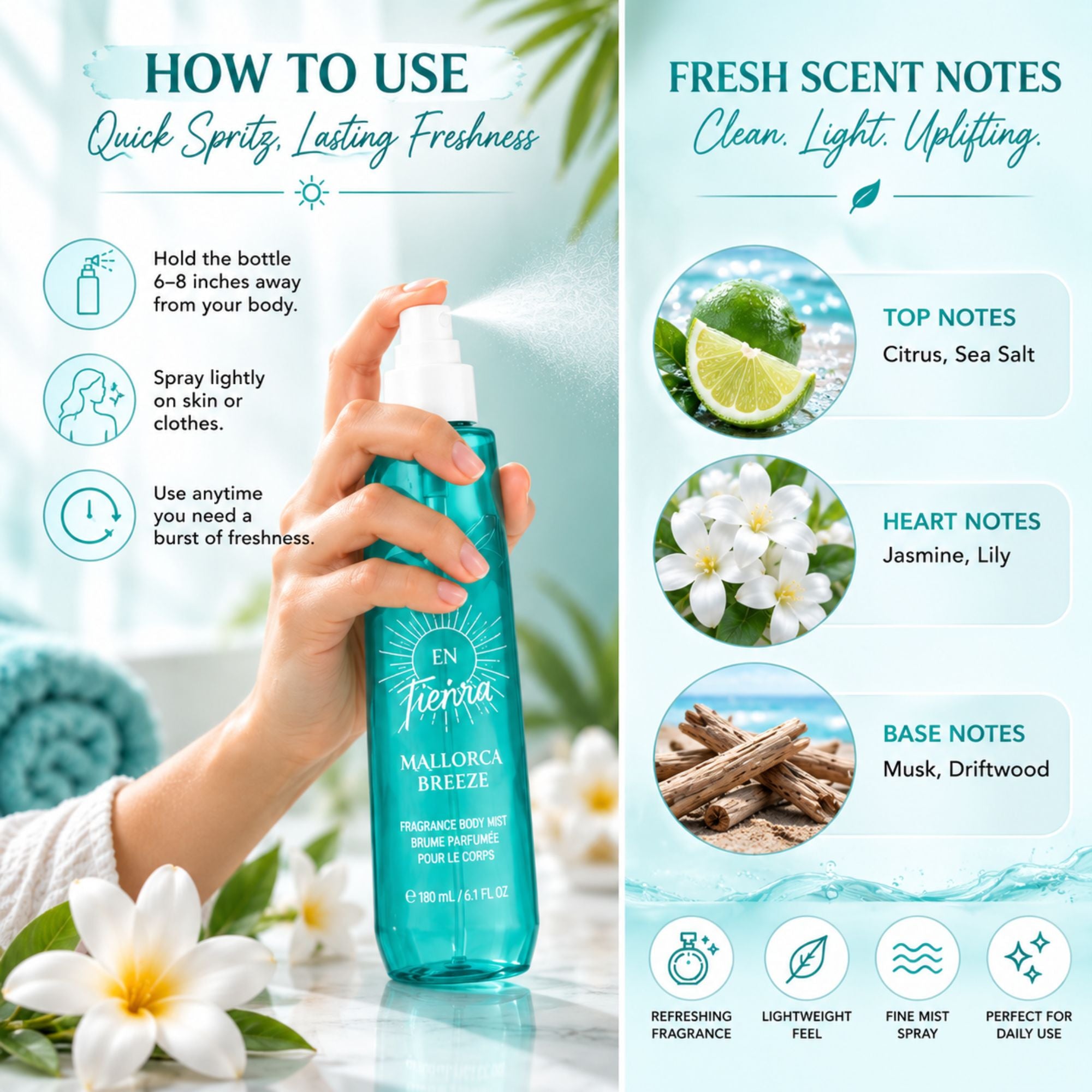A hand holds a turquoise EN Terra Mallorca Breeze fragrance mist bottle against a bright, tropical-themed graphic background. The left side shows how to use the quick spray bottle, and the right side lists fresh scent notes including citrus, jasmine, lily, musk, and driftwood.