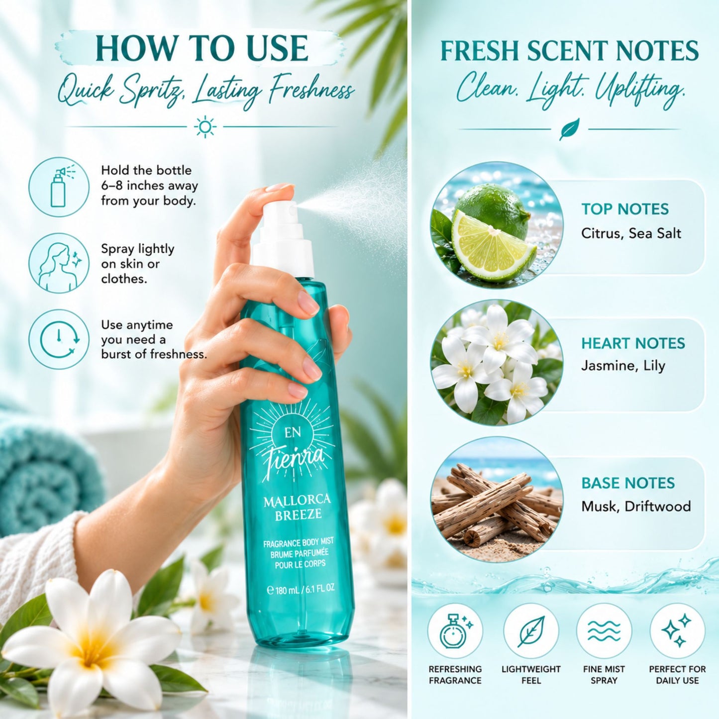 A hand holds a turquoise EN Terra Mallorca Breeze fragrance mist bottle against a bright, tropical-themed graphic background. The left side shows how to use the quick spray bottle, and the right side lists fresh scent notes including citrus, jasmine, lily, musk, and driftwood.