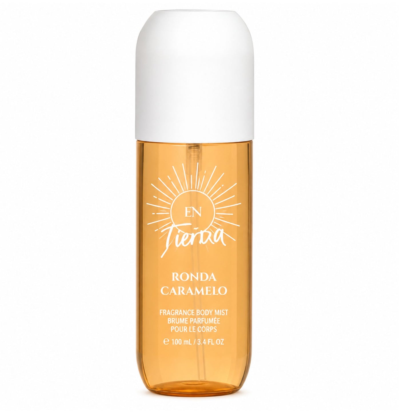 A 100 mL bottle of En Tierra Ronda Caramelo Fragrance Body Mist, featuring a translucent amber-colored bottle and a white cap, set against a plain white background.