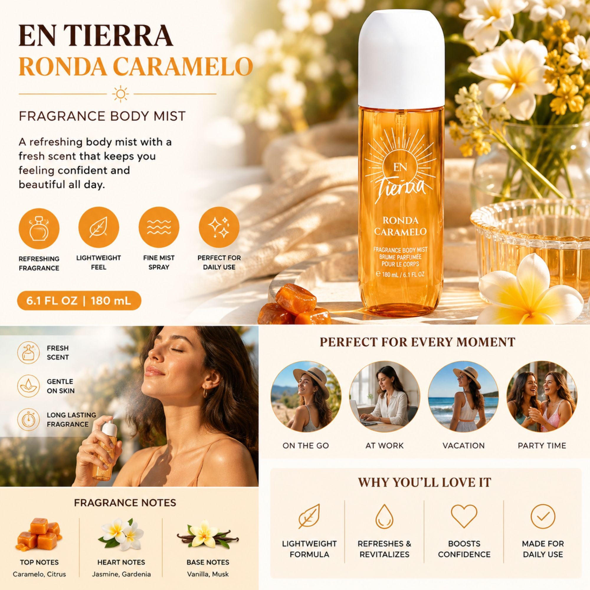 A bottle of EN Tierra Ronda Caramelo body mist stands on a sunlit beach-style surface with tropical props including flowers, a woven bag, sunglasses, and a towel. The left side includes marketing text and icons describing the mist as refreshing, lightweight, fine mist, and suitable for daily use.