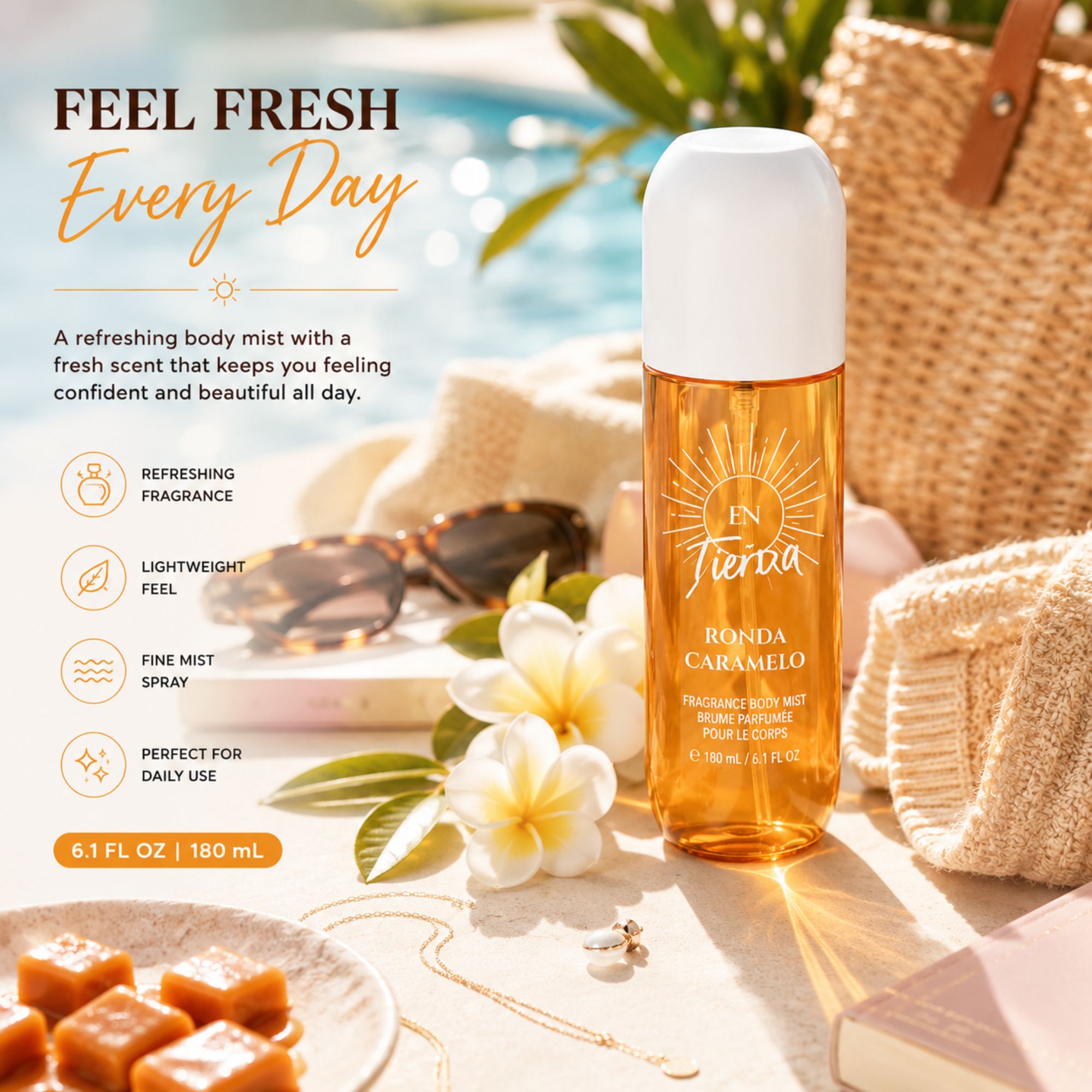 A bottle of EN Tierra Ronda Caramelo body mist stands on a sunlit beach-style surface with tropical props including flowers, a woven bag, sunglasses, and a towel. The left side includes marketing text and icons describing the mist as refreshing, lightweight, fine mist, and suitable for daily use.
