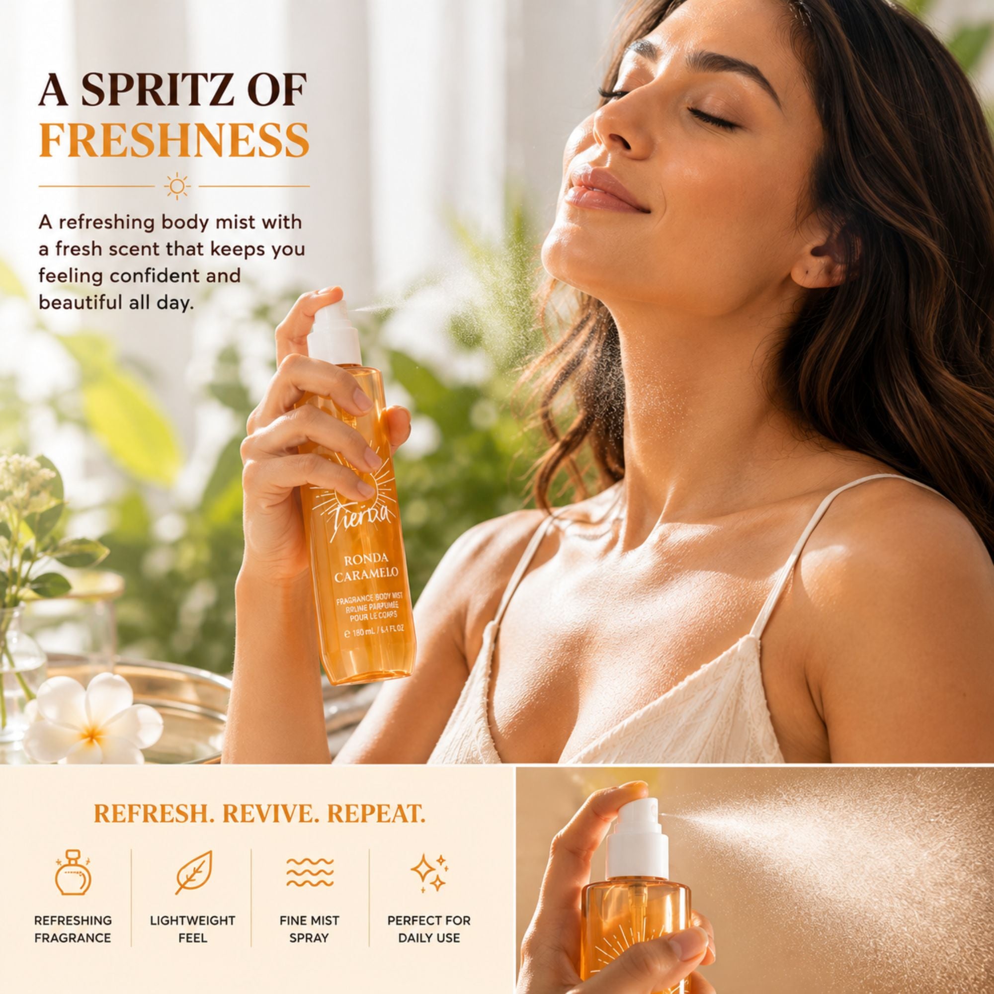 A promotional collage for a body mist. The top half shows a woman holding an amber spray bottle labeled 'Tara Royal Creamy' and smelling the mist, with text reading 'A SPRITZ OF FRESHNESS.