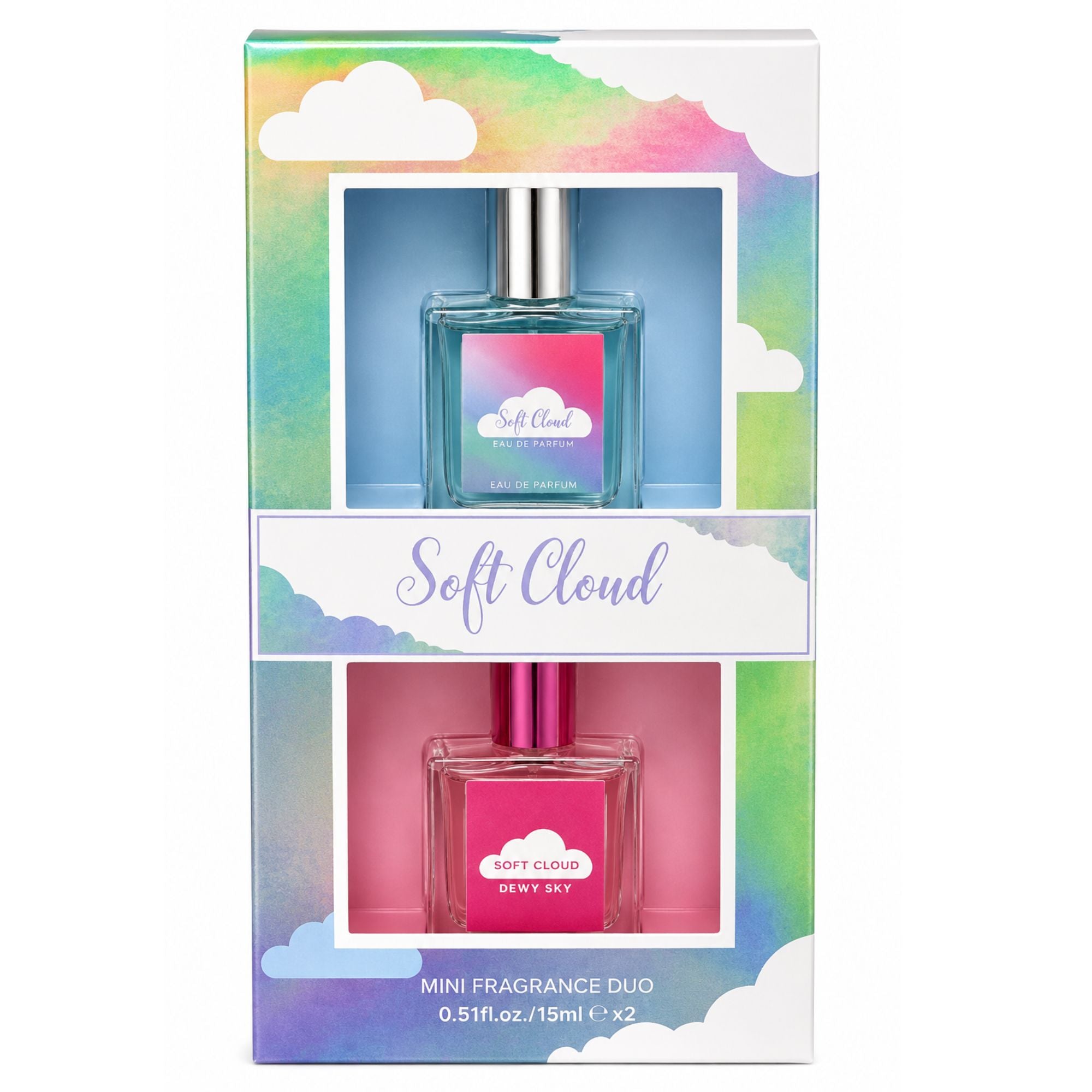 Soft Cloud Mini Fragrance Duo in a colorful cloud-patterned box containing two small perfume bottles, one with blue water and one with pink water, on a white background.
