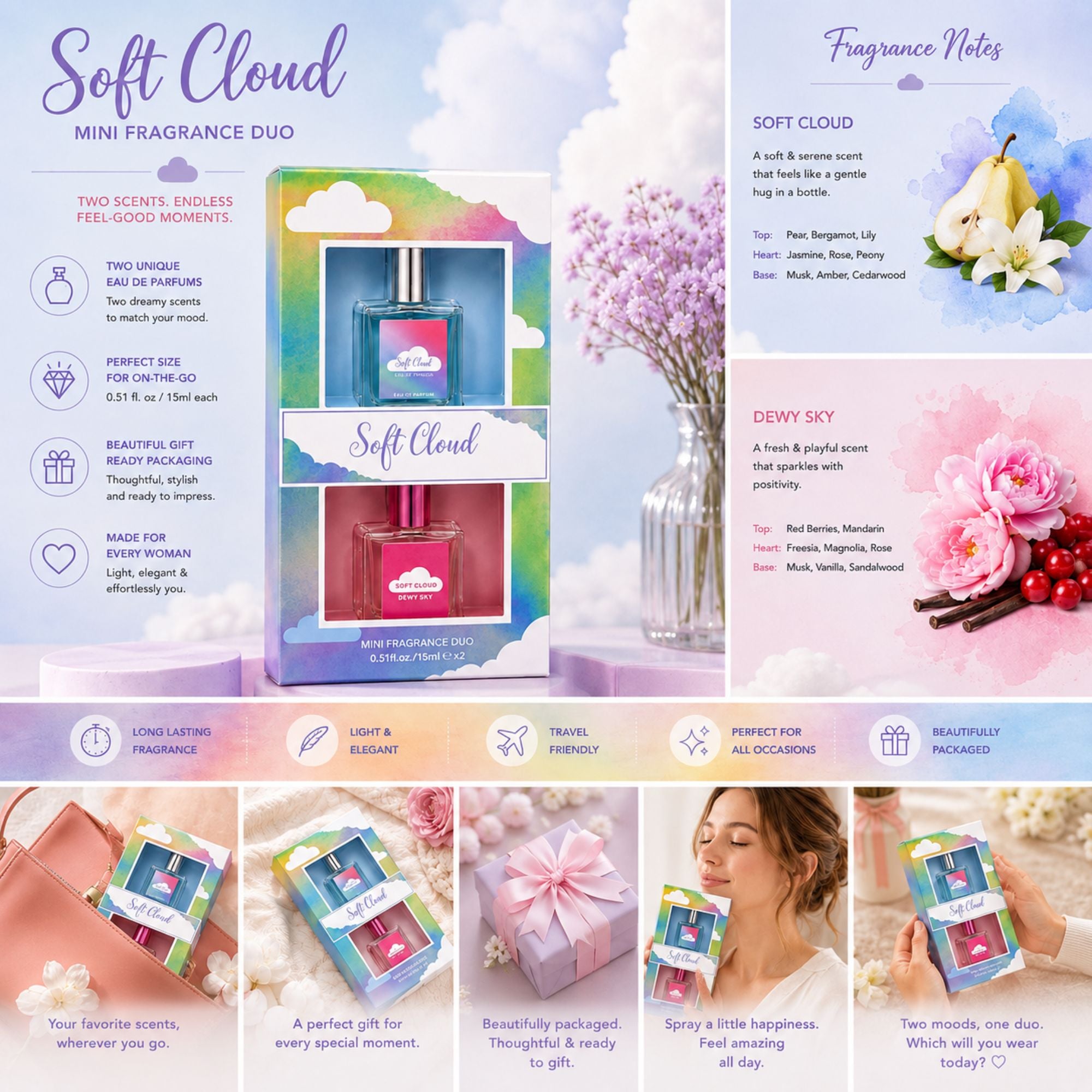 Soft Cloud Mini Fragrance Duo gift set featuring two 0.51 fl oz eau de parfum bottles in colorful pastel packaging, with fragrance details and lifestyle product scenes.