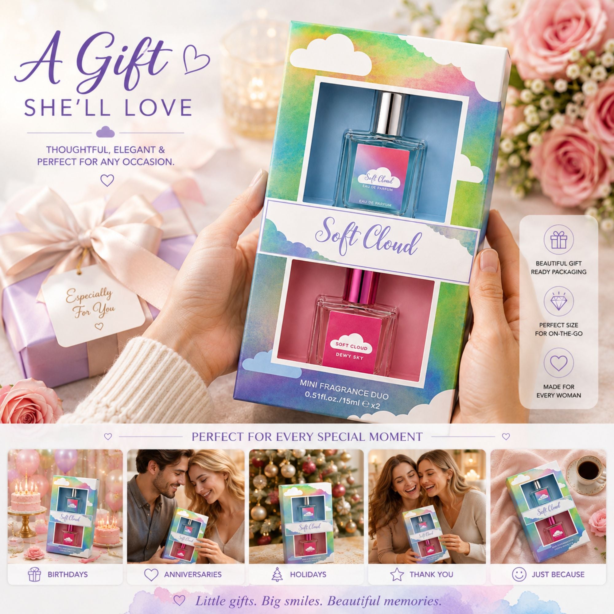 A gift set of two mini fragrances in a colorful cloud-themed box held by two hands, with promotional text and small lifestyle photos along the bottom. The box reads 'Soft Cloud' and shows two bottles, one blue and one pink, inside a pastel rainbow package.