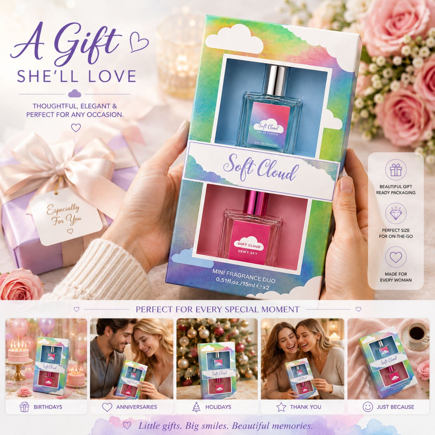 A gift set of two mini fragrances in a colorful cloud-themed box held by two hands, with promotional text and small lifestyle photos along the bottom. The box reads 'Soft Cloud' and shows two bottles, one blue and one pink, inside a pastel rainbow package.