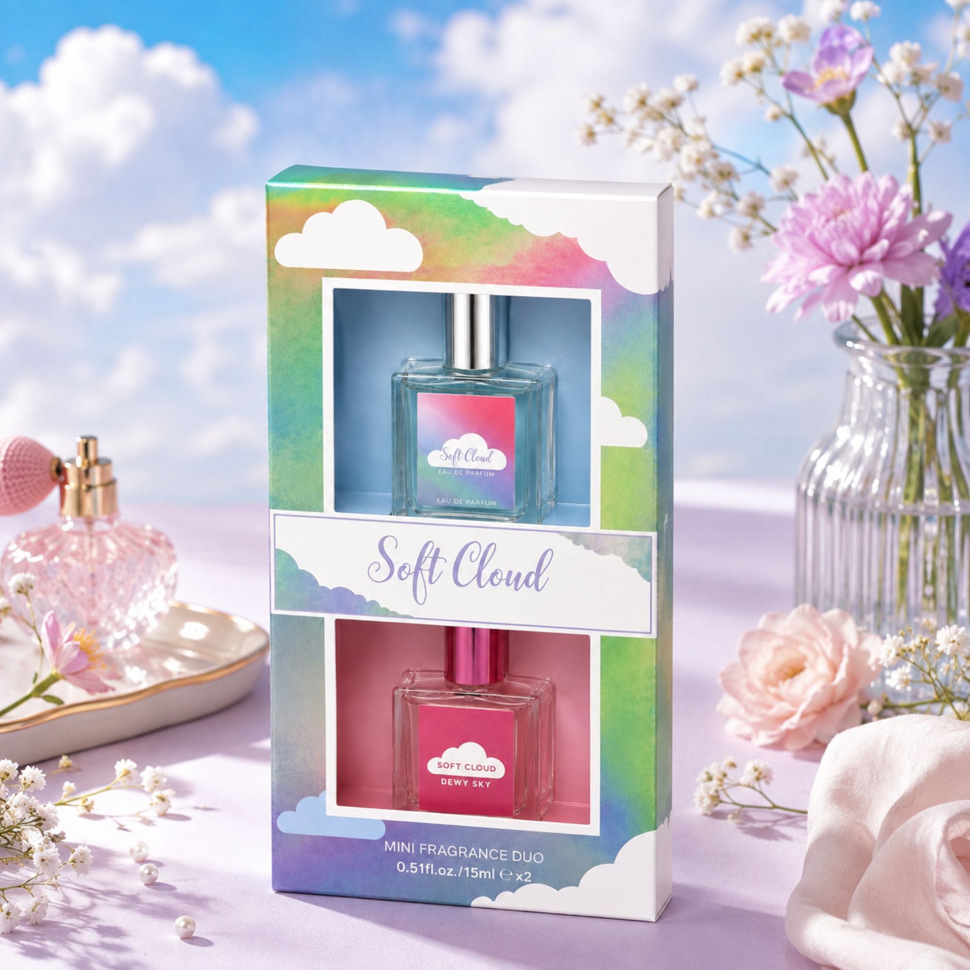 Soft Cloud Mini Fragrance Duo with two 0.51 fl oz eau de parfum bottles in colorful pastel gift packaging, shown with floral accents and lifestyle scenes.