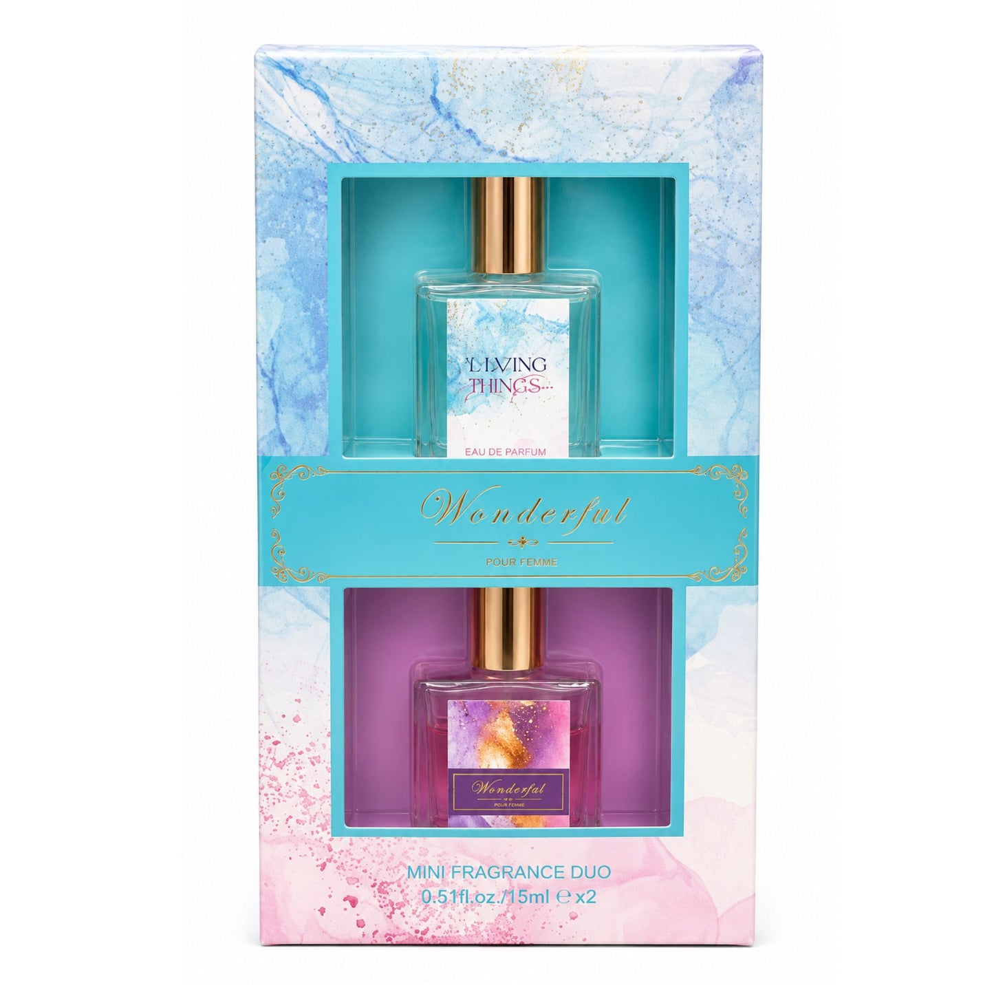 A boxed fragrance duo set on a white background. The packaging is pastel marbled with blue, pink, and white, and features two clear perfume bottles with gold caps.