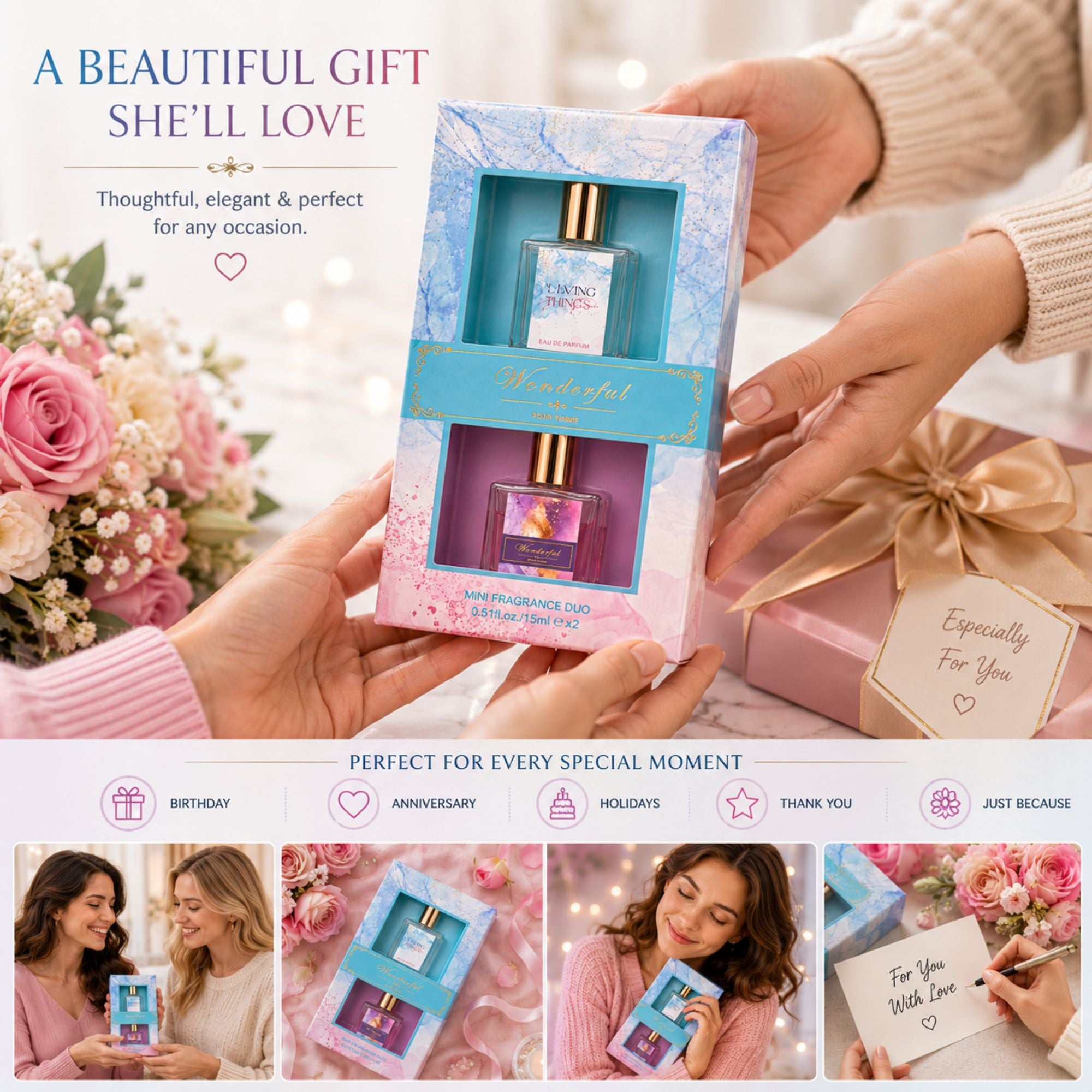 A boxed fragrance gift set held by two hands in a soft pink and blue floral-themed promotional layout. The main product is a square gift box containing a small perfume bottle with a pink and purple gradient label and gold cap.