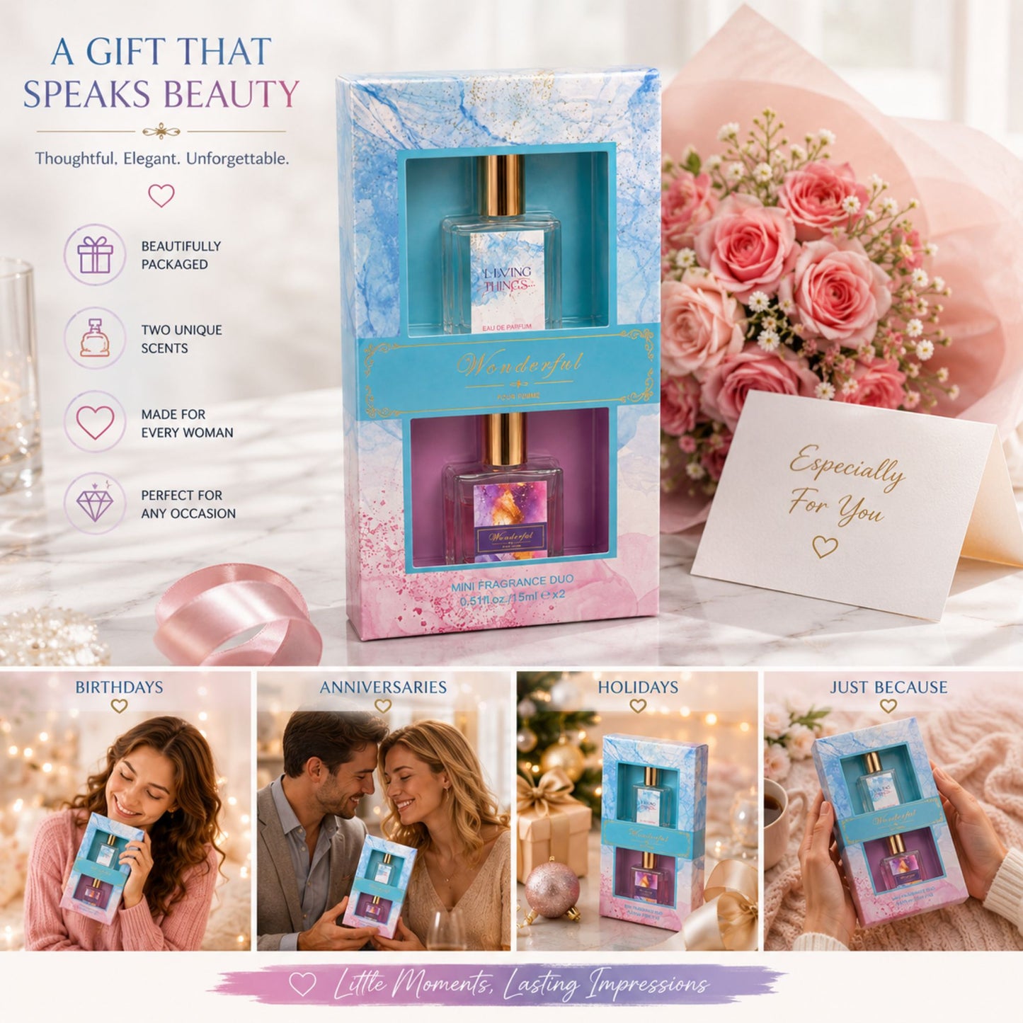 A boxed perfume gift set displayed on a soft pink and white background with floral props and a message card. The main product is a rectangular gift box containing two perfume bottles, one with a blue label and one with a purple label, both with gold caps.