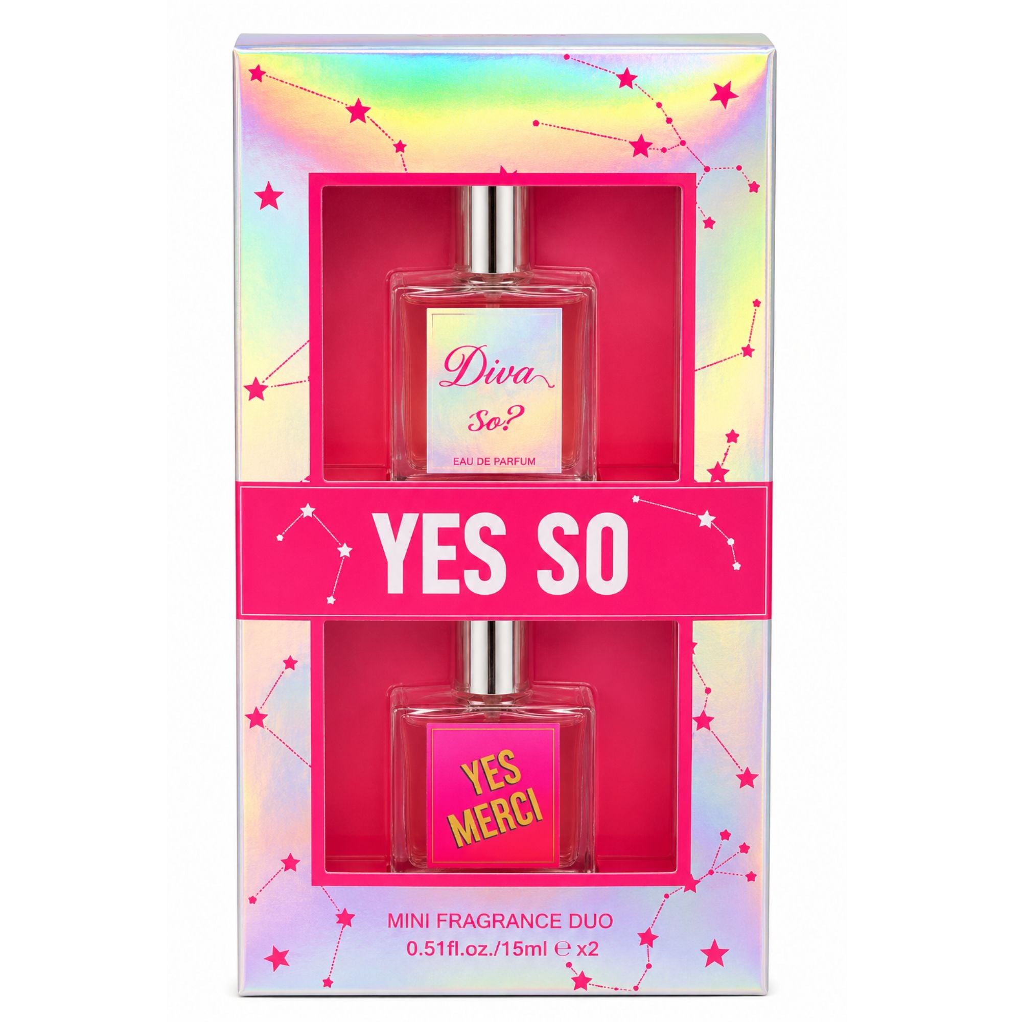 A boxed mini fragrance duo containing two perfume bottles. The packaging is holographic with pink stars and constellations, featuring a pink band across the middle that reads 'YES SO' in white.