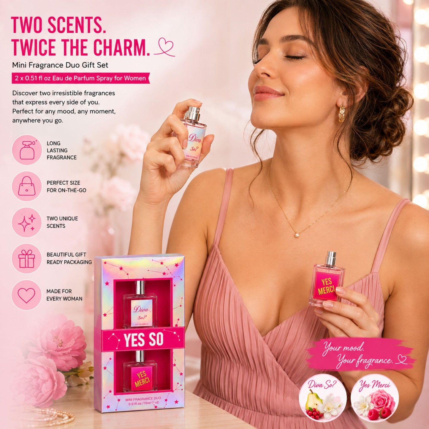A woman in a pink ribbed dress holds two perfume spray bottles labeled Yes So and Yes Me Morri alongside their matching pink gift packaging. The scene is brightly lit with pink decorative elements and promotional text highlighting the mini fragrance duo set.