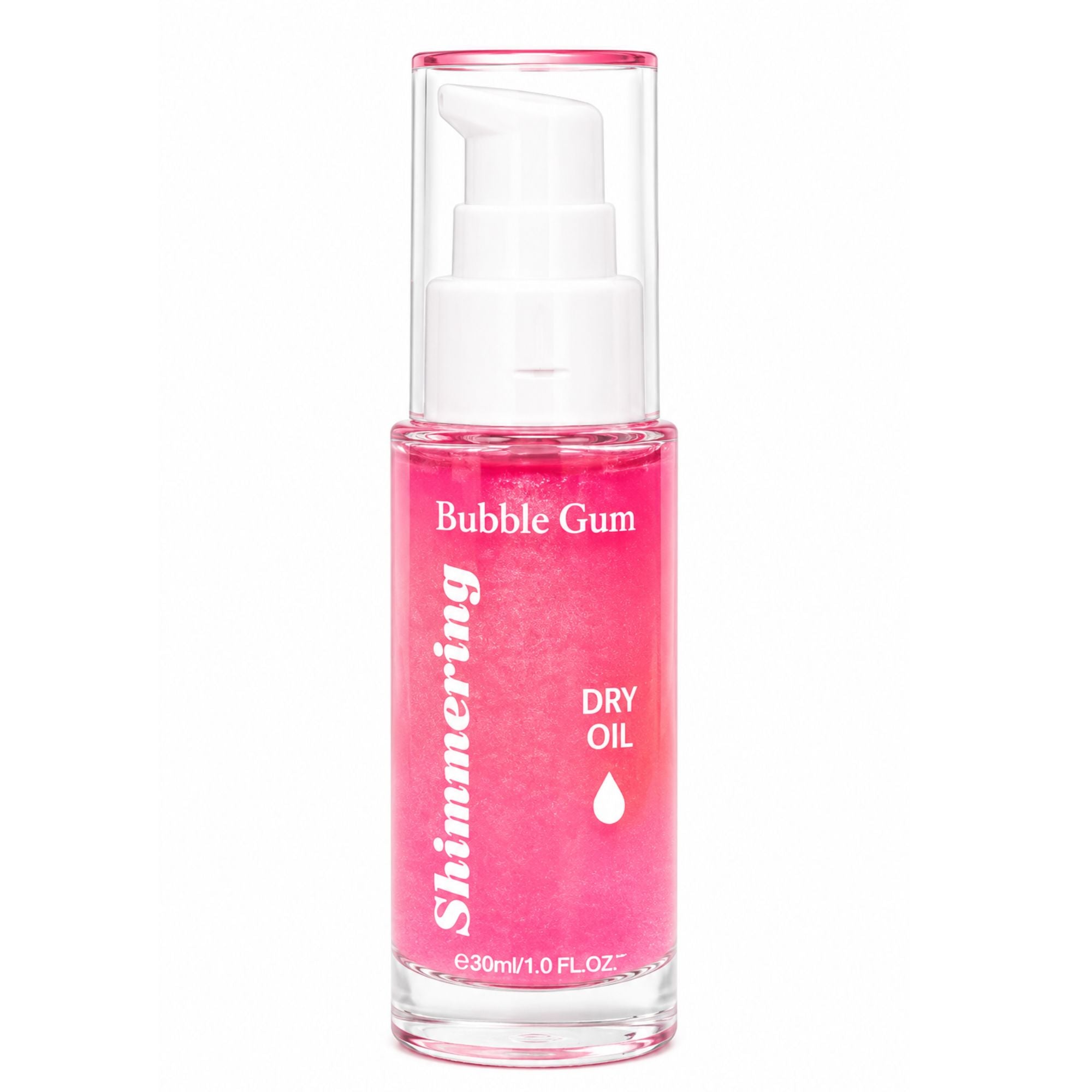 Bubble Gum Shimmering Dry Oil in a clear glass bottle with a white pump dispenser and a vibrant pink label, shown on a solid white background.