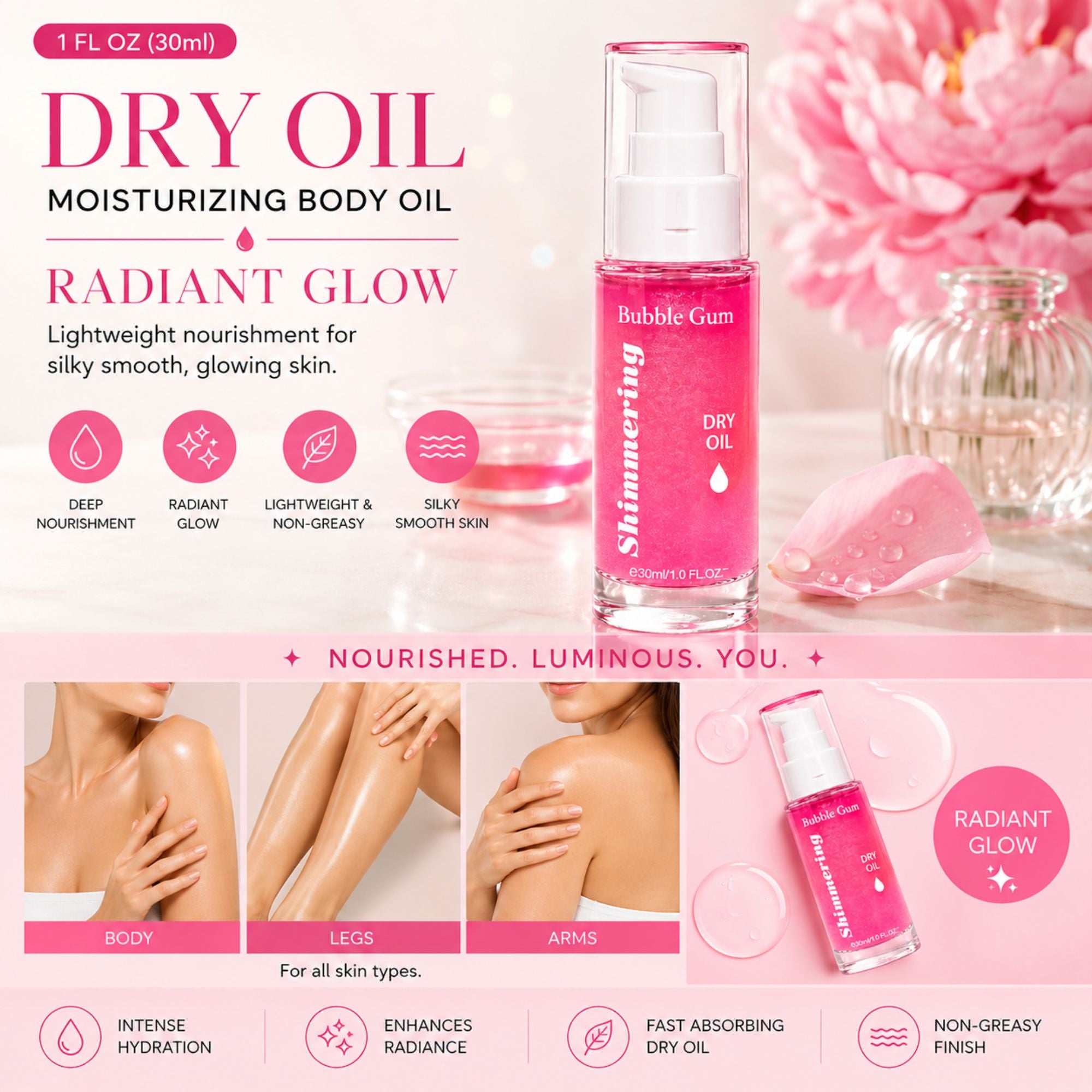 Bubble Gum Shimmering Dry Oil in a pink bottle, presented on a pink background with text overlays, icons, and before/after skin texture comparison photos.