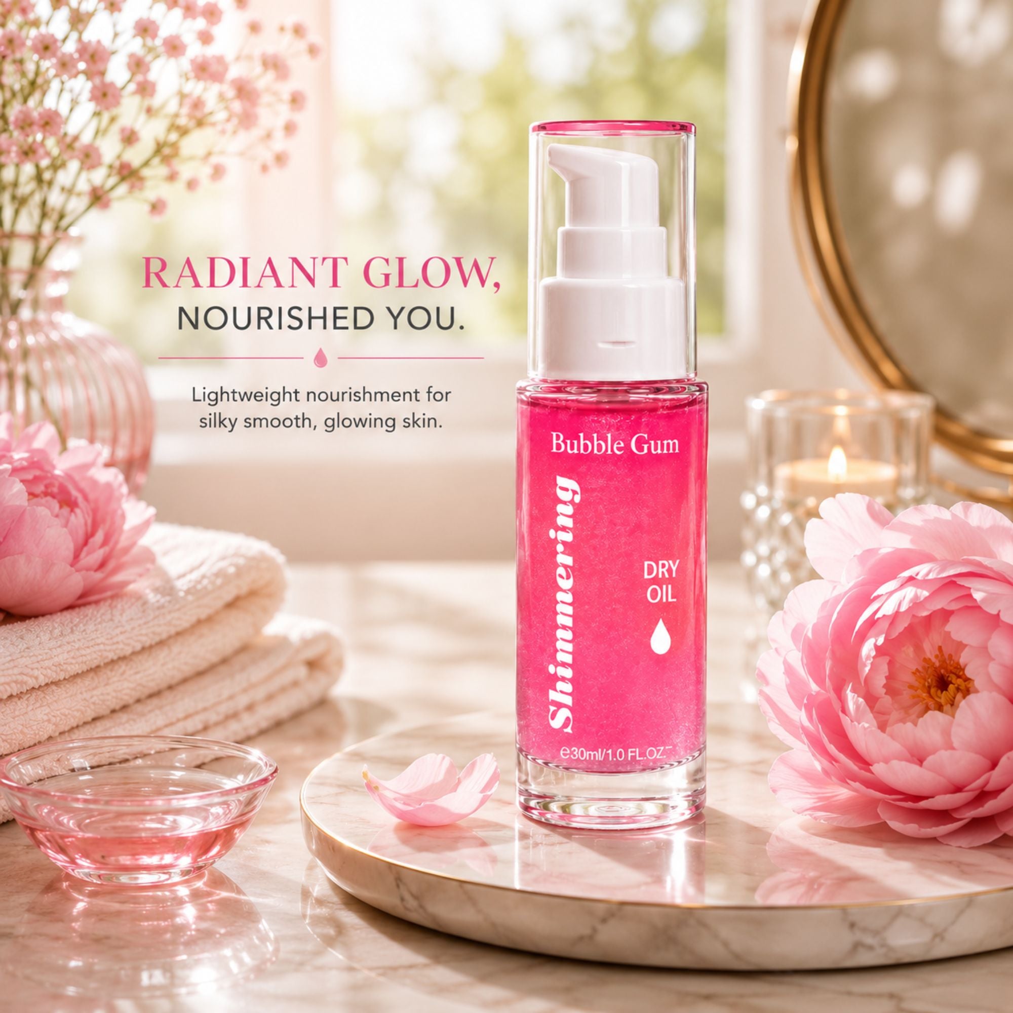 Bubble Gum Shimmering Dry Oil in a clear pump bottle with pink liquid, styled on a marble tray with pink flowers, folded towels, and a candle in a bright bathroom setting.
