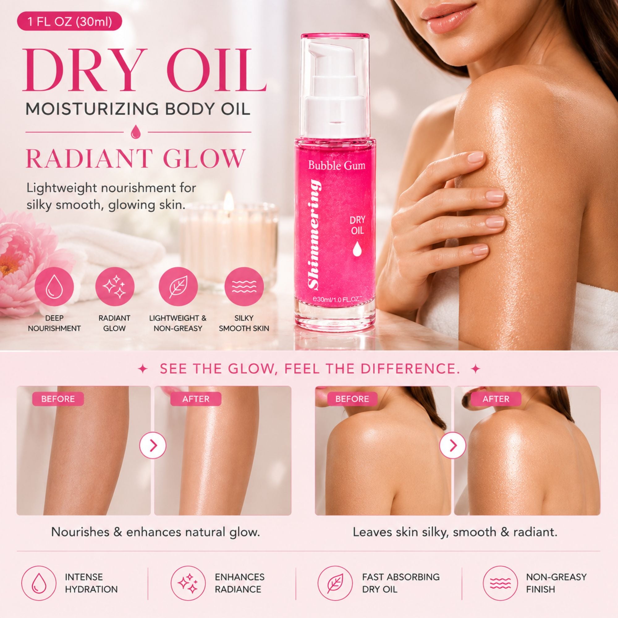 A promotional graphic for Bubble Gum Shimmering Dry Oil, showing a bottle of pink body oil next to a woman's shoulder and arm with glowing skin. The image includes text claims, icons, and before/after skin comparison panels.
