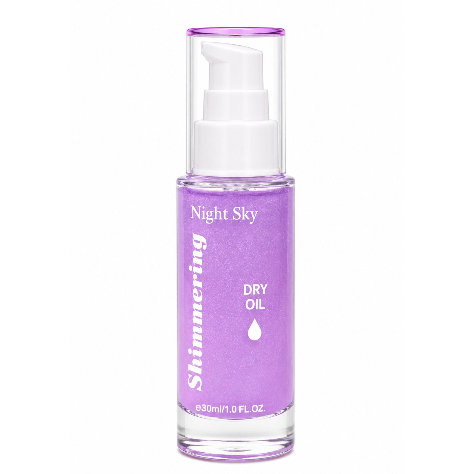A bottle of Night Sky Shimmering Dry Oil in a light purple shade, featuring a clear bottle with a white pump and a purple cap, set against a plain white background.