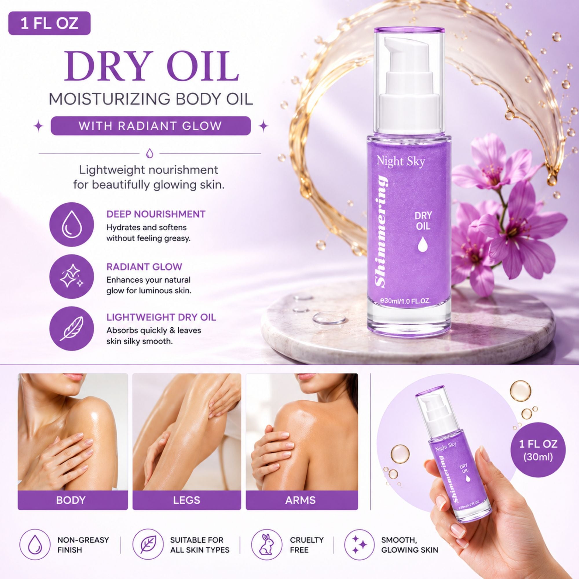 A 1 fl oz bottle of Night Sky Shimmering Dry Oil with radiant glow, shown in a purple and white design with promotional text, skin application areas, and a hand holding the bottle.