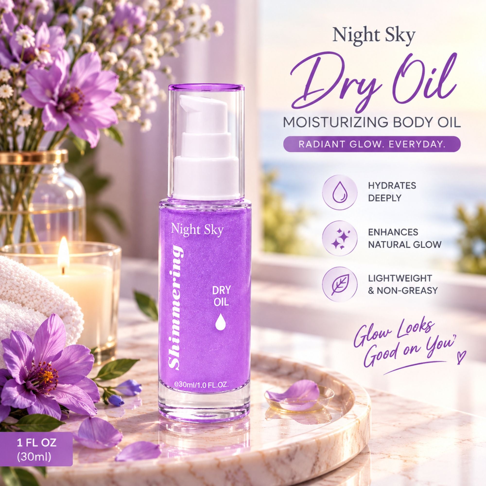 A bottle of Night Sky Shimmering Dry Oil moisturizing body oil stands on a marble tray with flowers, a candle, and a towel around it. The bottle is clear with a purple cap and purple label, and the background is a soft, bright, spa-like setting with text describing the product benefits.