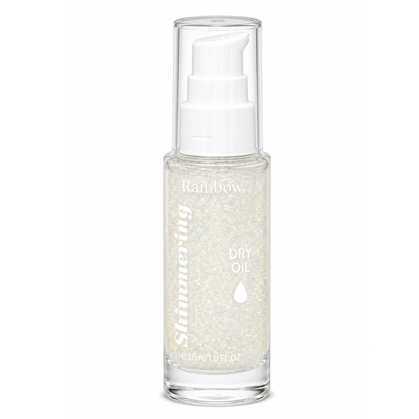 A bottle of Rainbow Shimmering Dry Oil on a solid white background. The clear glass bottle shows the iridescent, glittery white oil inside, with a white pump dispenser and a clear protective cap.