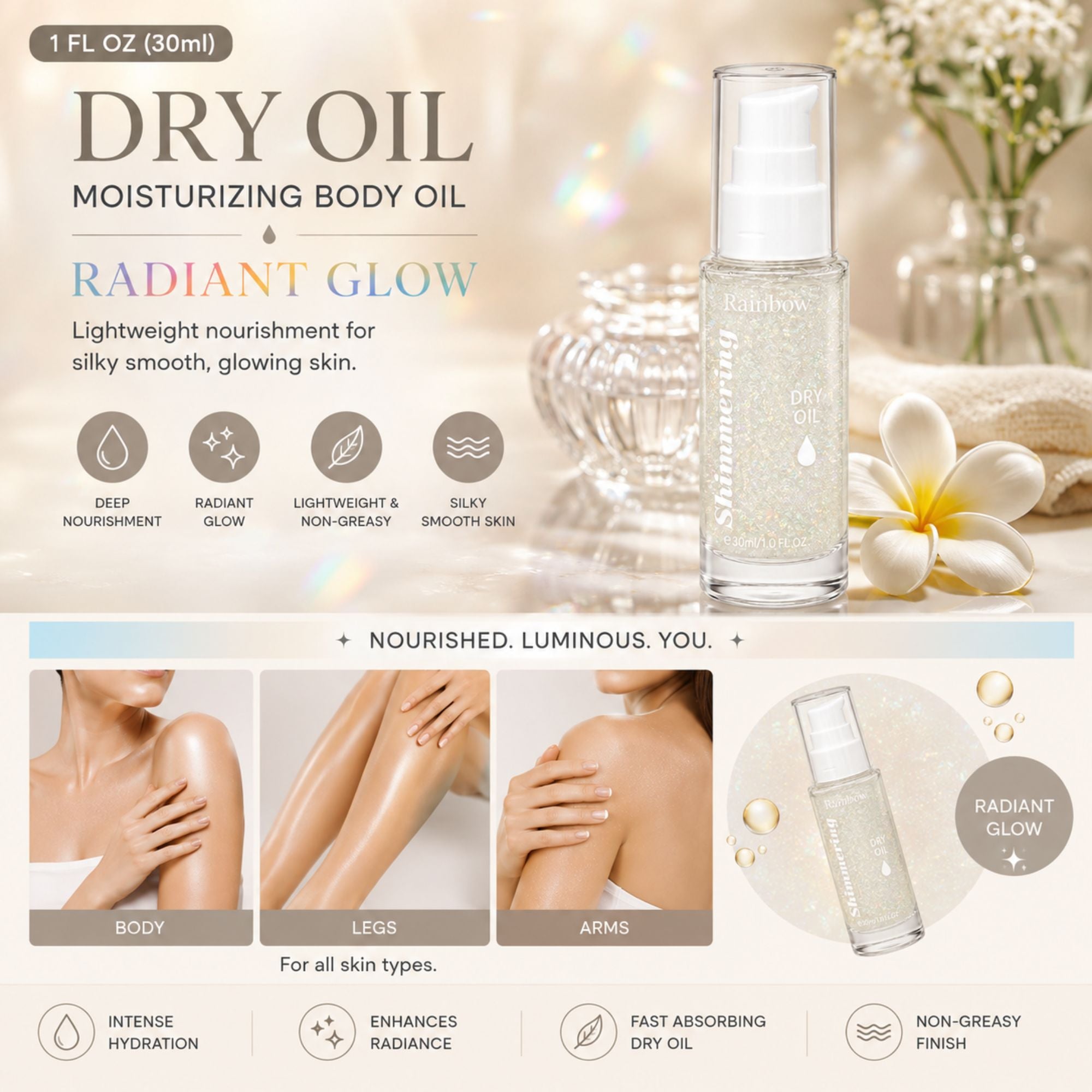A bottle of shimmering dry oil moisturizing body oil shown on a soft beige promotional background with text, icons, and small before/after-style body images demonstrating absorption on skin.
