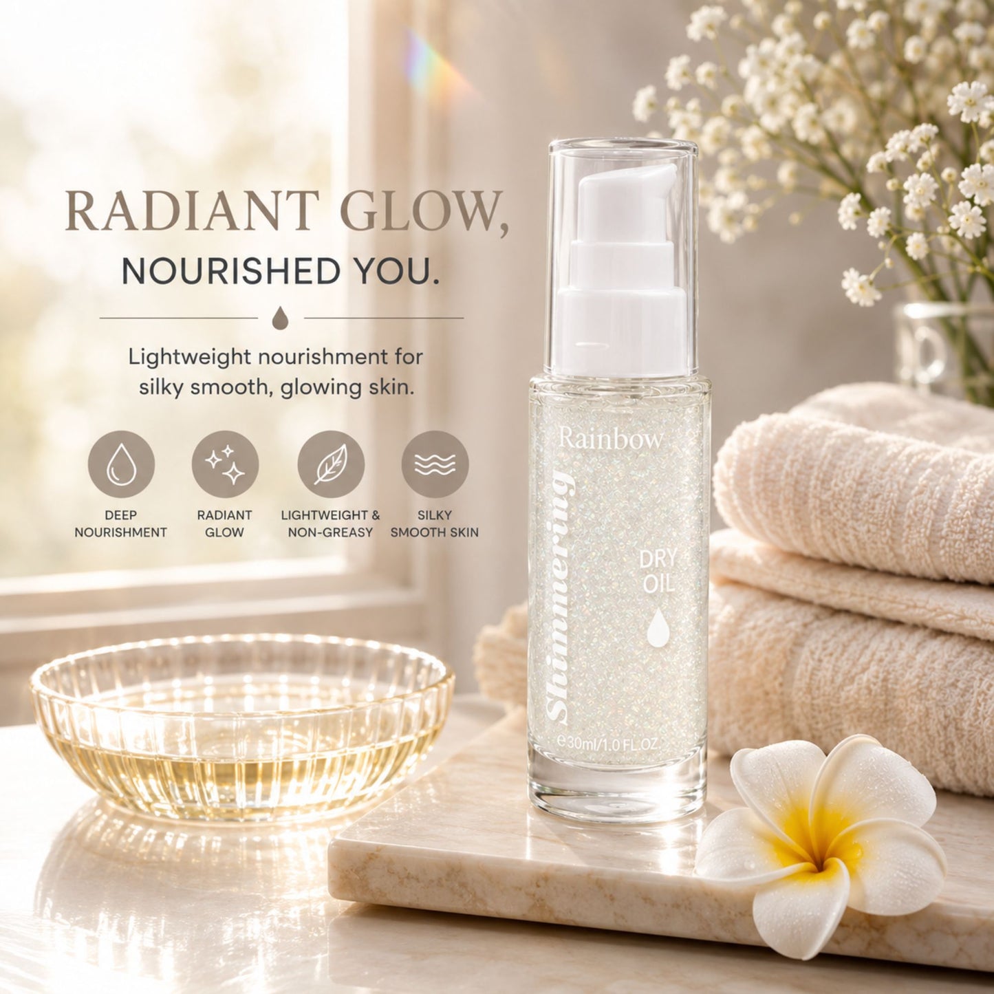 A clear pump bottle of Rainbow Shimmering Dry Oil stands on a marble tray beside a small glass dish and a white flower, with folded beige towels and white flowers in the background. Text on the left reads 'RADIANT GLOW, NOURISHED YOU.