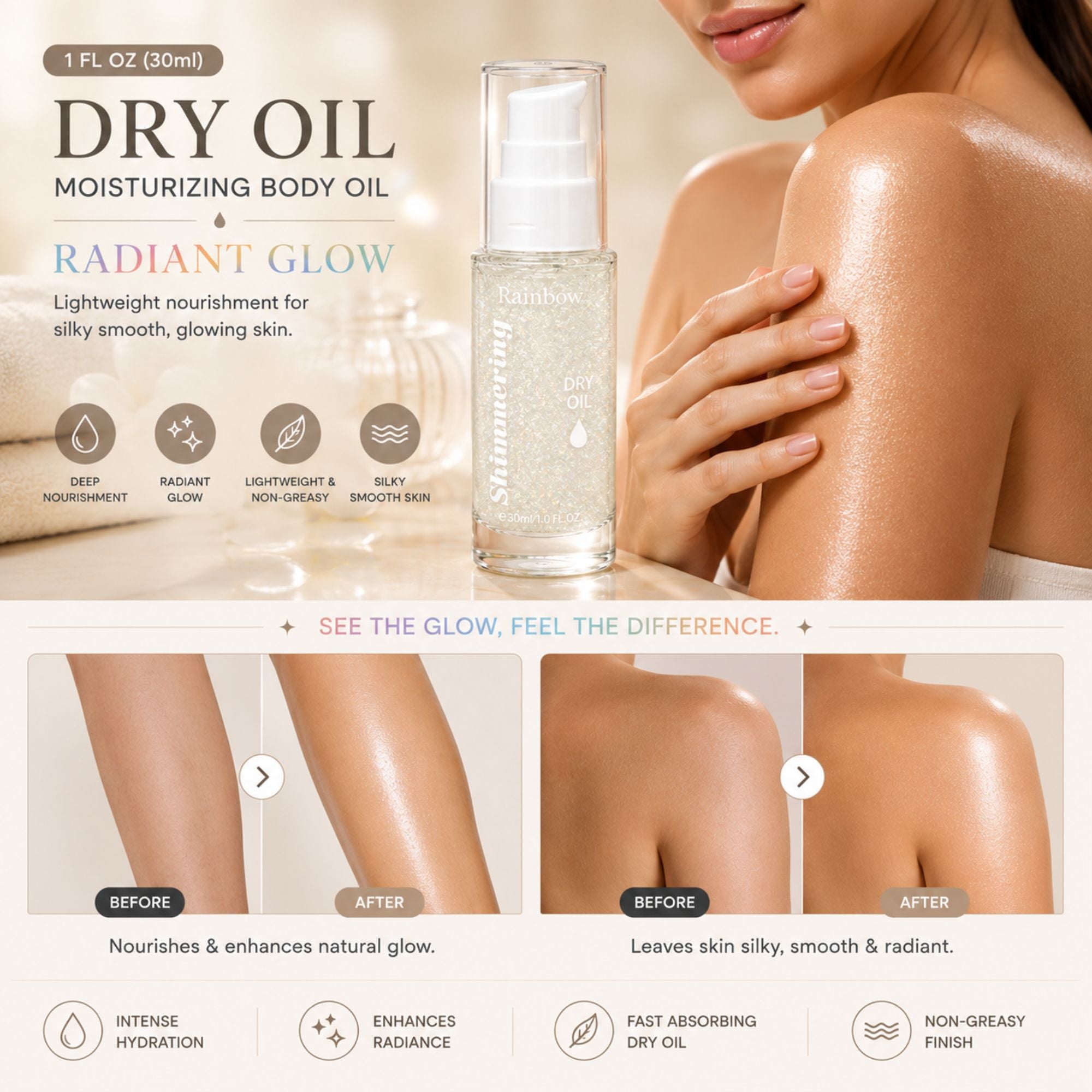 Rainbow Brand Dry Oil Moisturizing Body Oil bottle shown on a model's shoulder, with before-and-after skin glow comparison panels below on a light beige background.