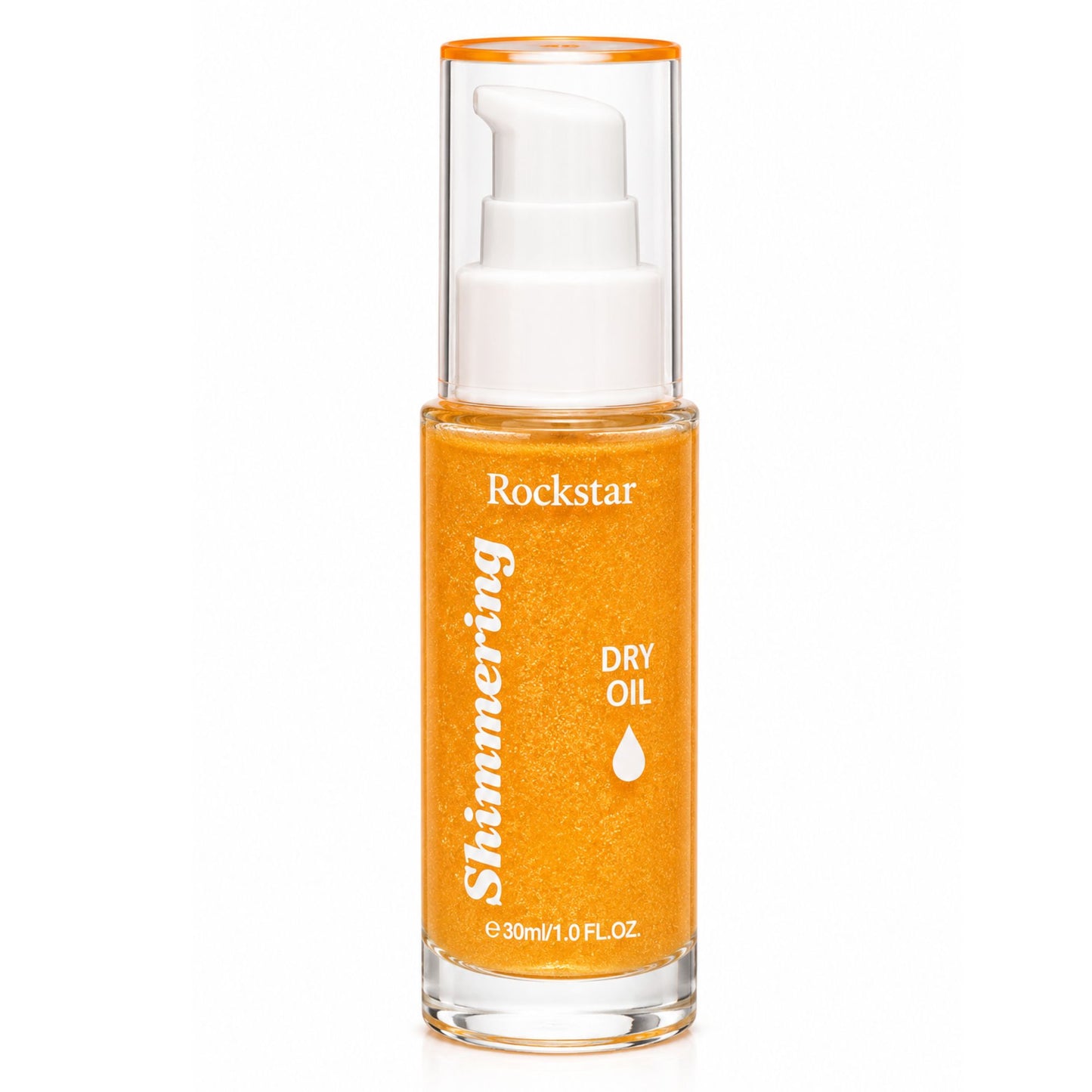 Rockstar Shimmering Dry Oil in a clear glass bottle with a white pump and orange cap, showing the shimmering orange product inside, on a white background.