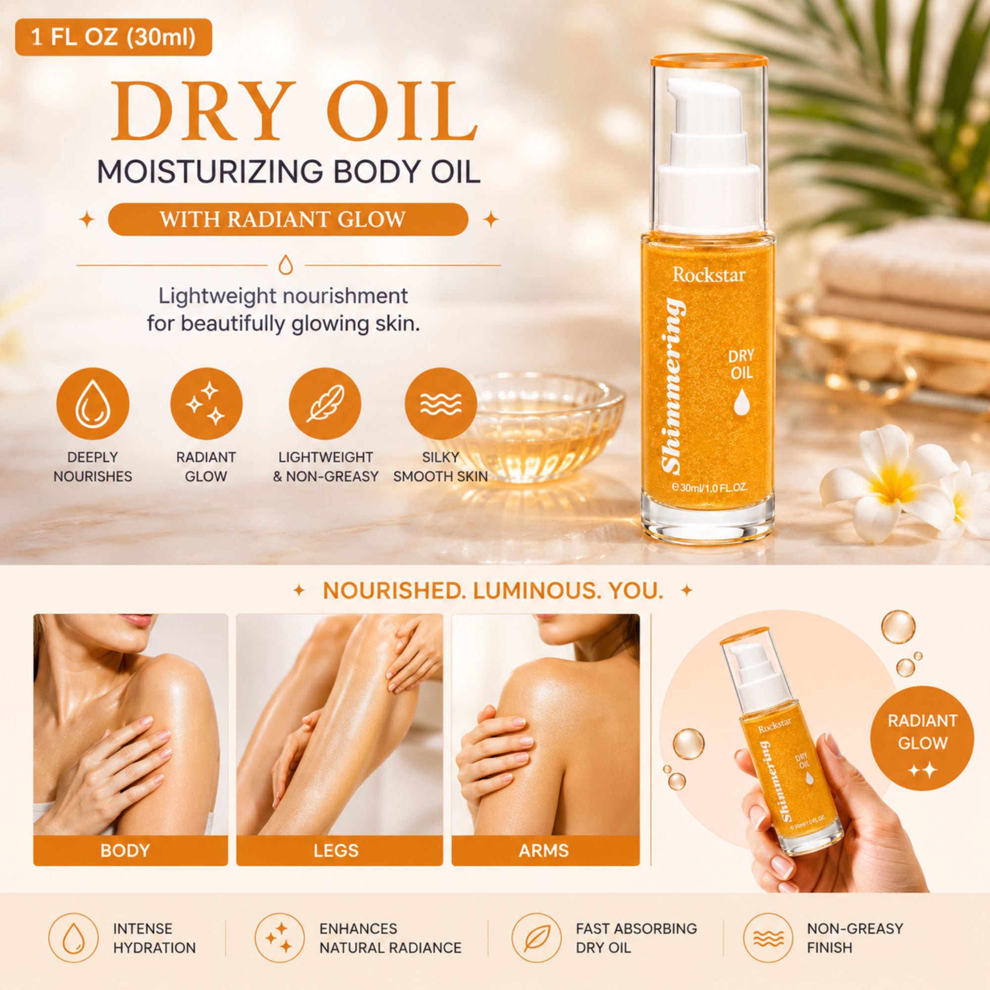 Rockstar Shimmering Dry Oil in a 1 fl oz pump bottle, presented on a warm beige background with promotional text, icons, and before/after skin application photos.