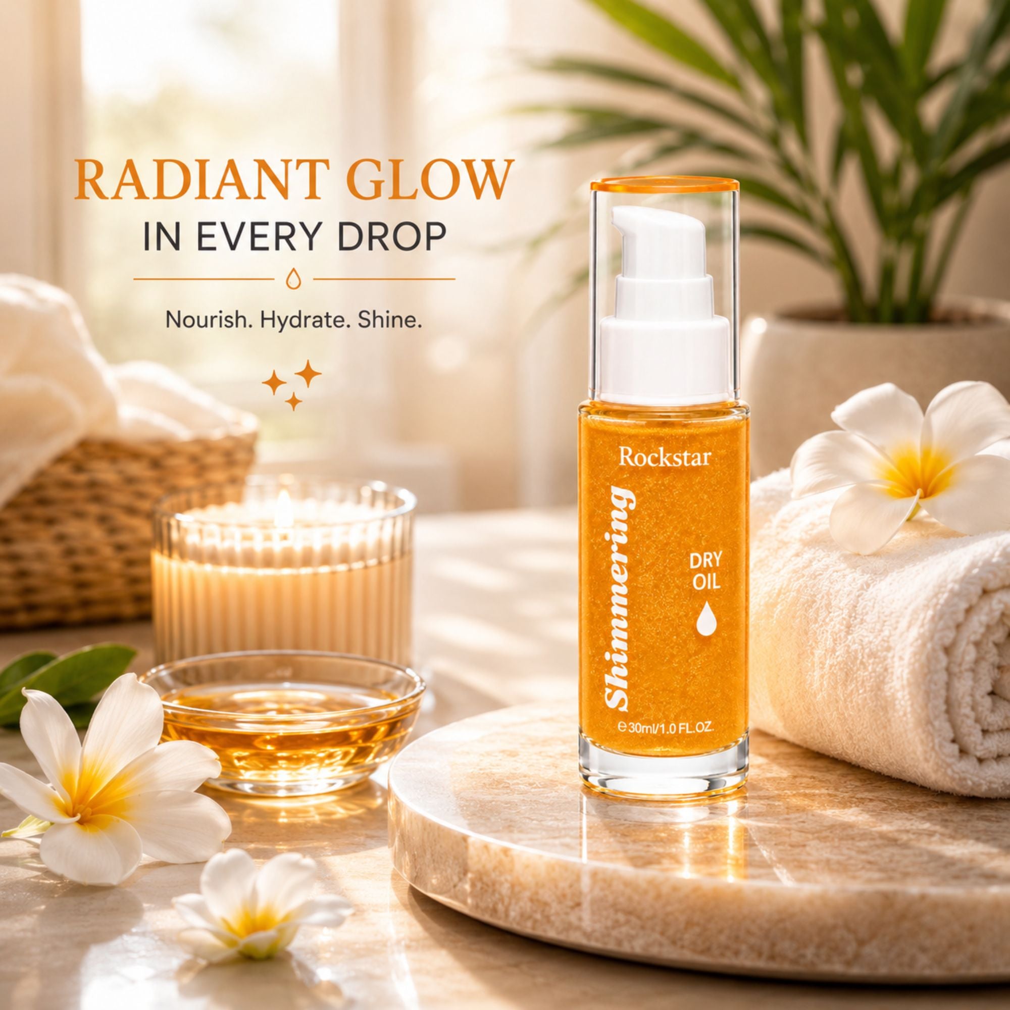 Rockstar Shimmering Dry Oil in a clear pump bottle with orange liquid, styled on a marble tray with a rolled towel, flowers, a candle, and a glass dish in a bright spa-like setting.