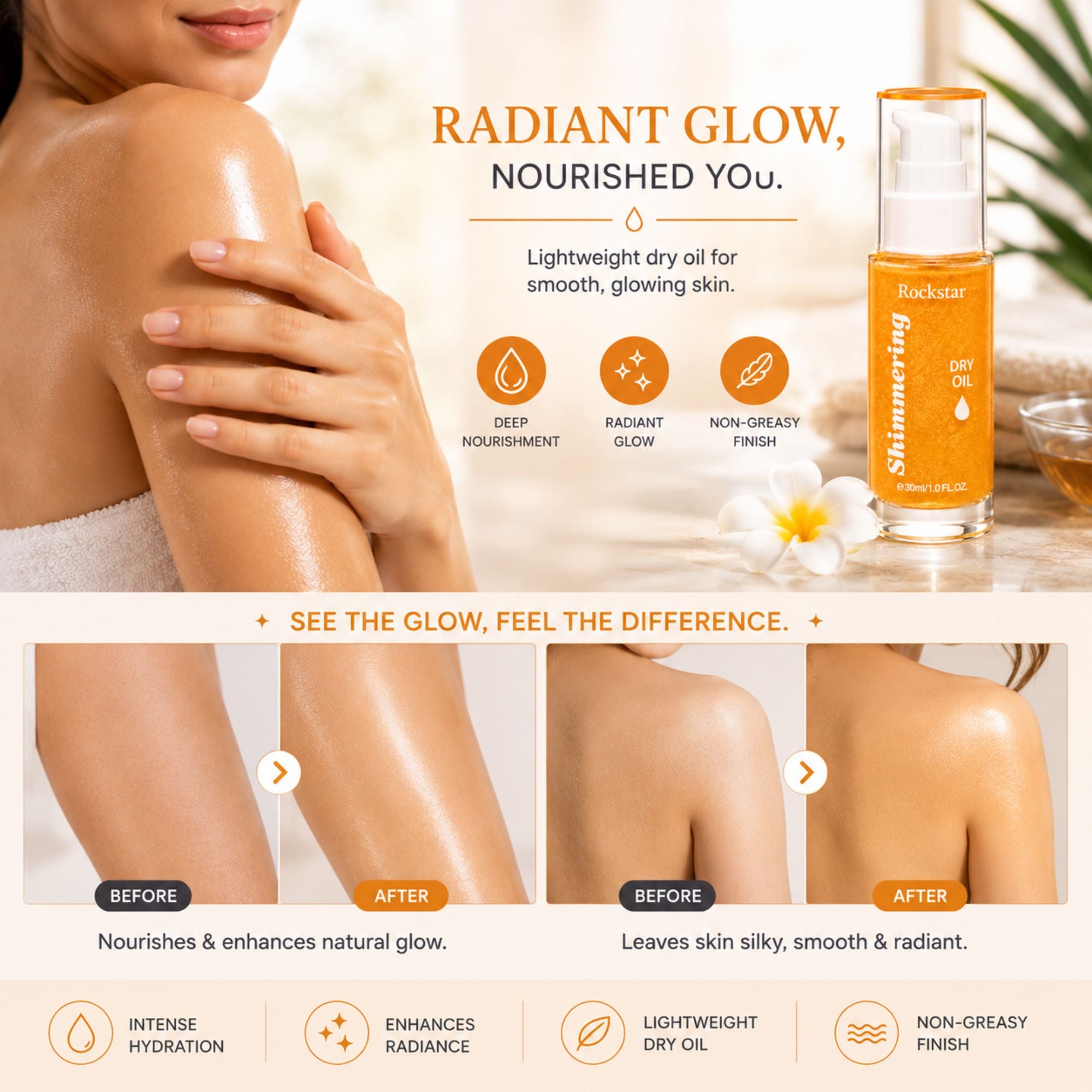 A beauty marketing graphic for Rockstar Shimmering Dry Oil. The top half shows a close-up of a woman's smooth, glowing skin and hands, with the text 'RADIANT GLOW, NOURISHED YOU.