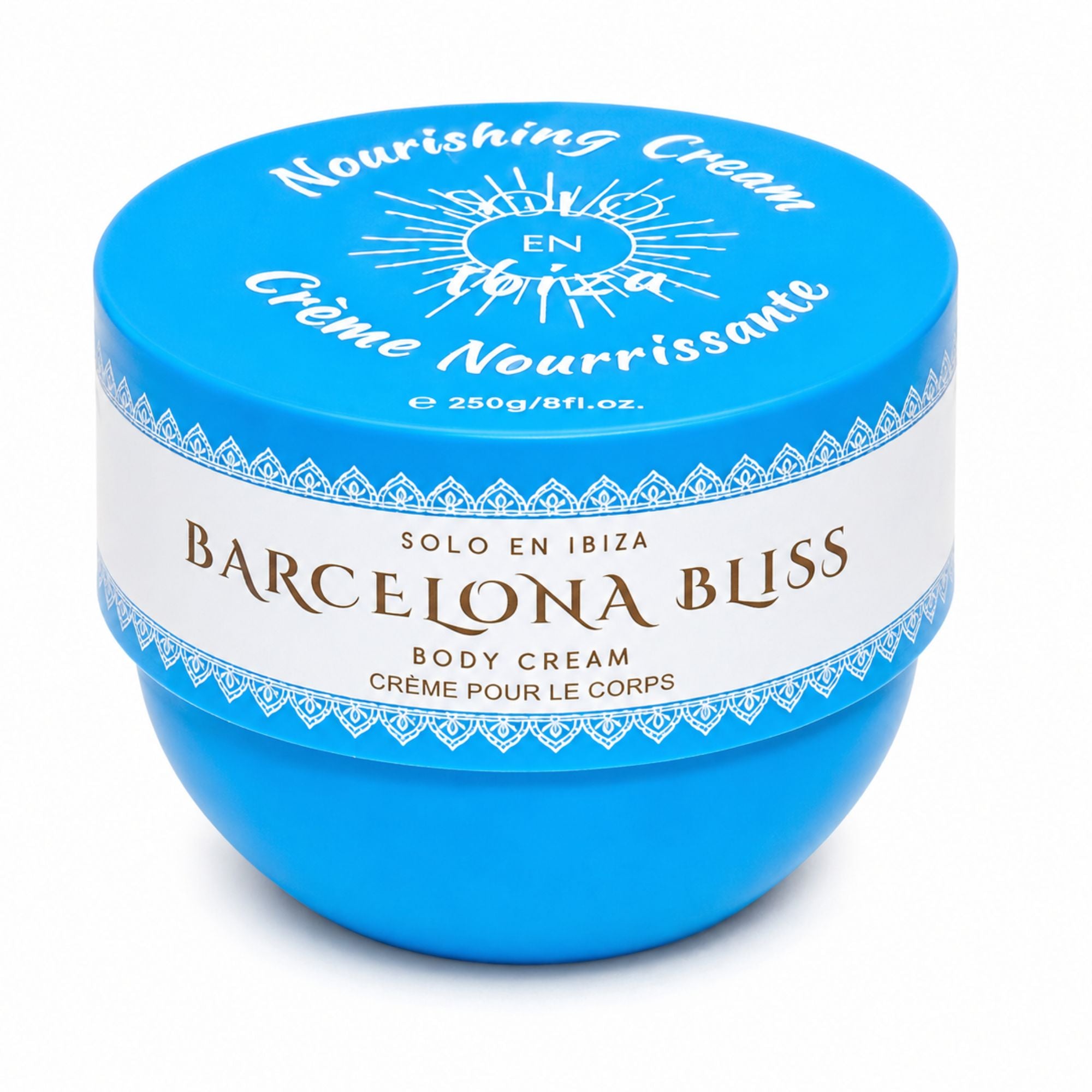 A blue jar of Barcelona Bliss Nourishing Cream with a white label, photographed on a clean white background.