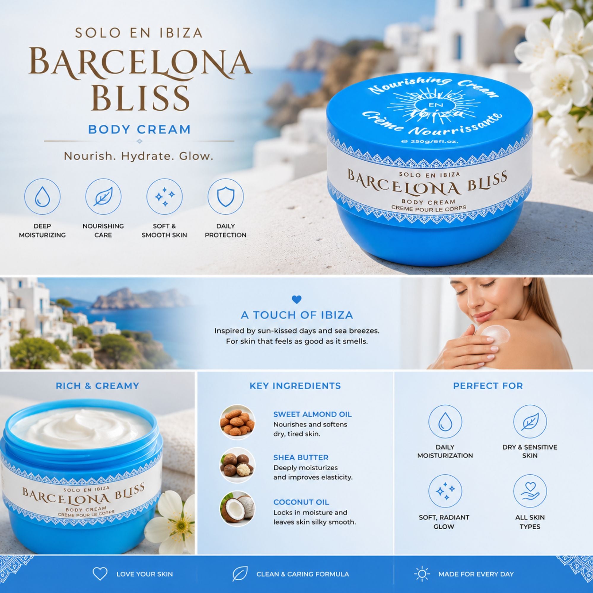A promotional collage for Barcelona Bliss Body Cream by Solo en Ibiza, showing the blue and white jar multiple times, along with marketing text, icons, ingredient highlights, and a woman applying cream to her hand.