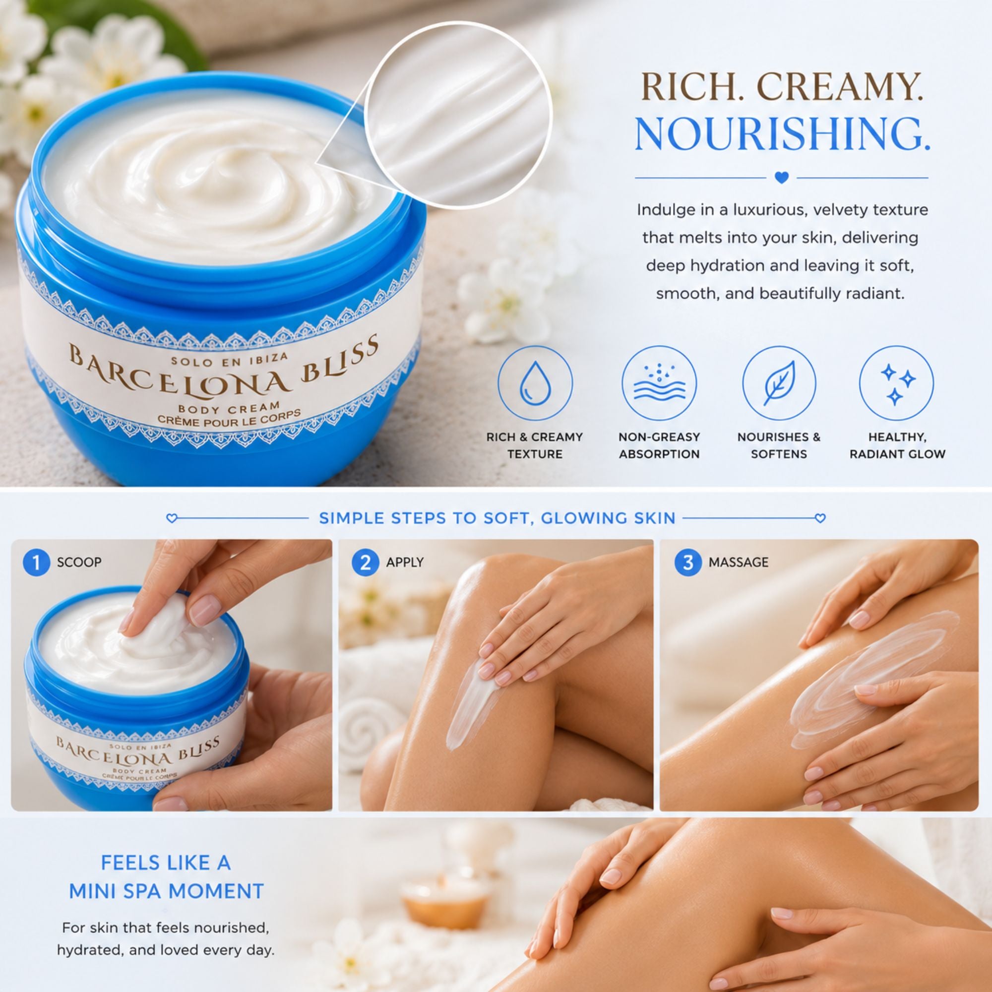 Barcelona Bliss Rich & Creamy Body Cream jar shown in a promotional graphic with a close-up of the white cream, benefit icons, and three step-by-step application panels on skin.