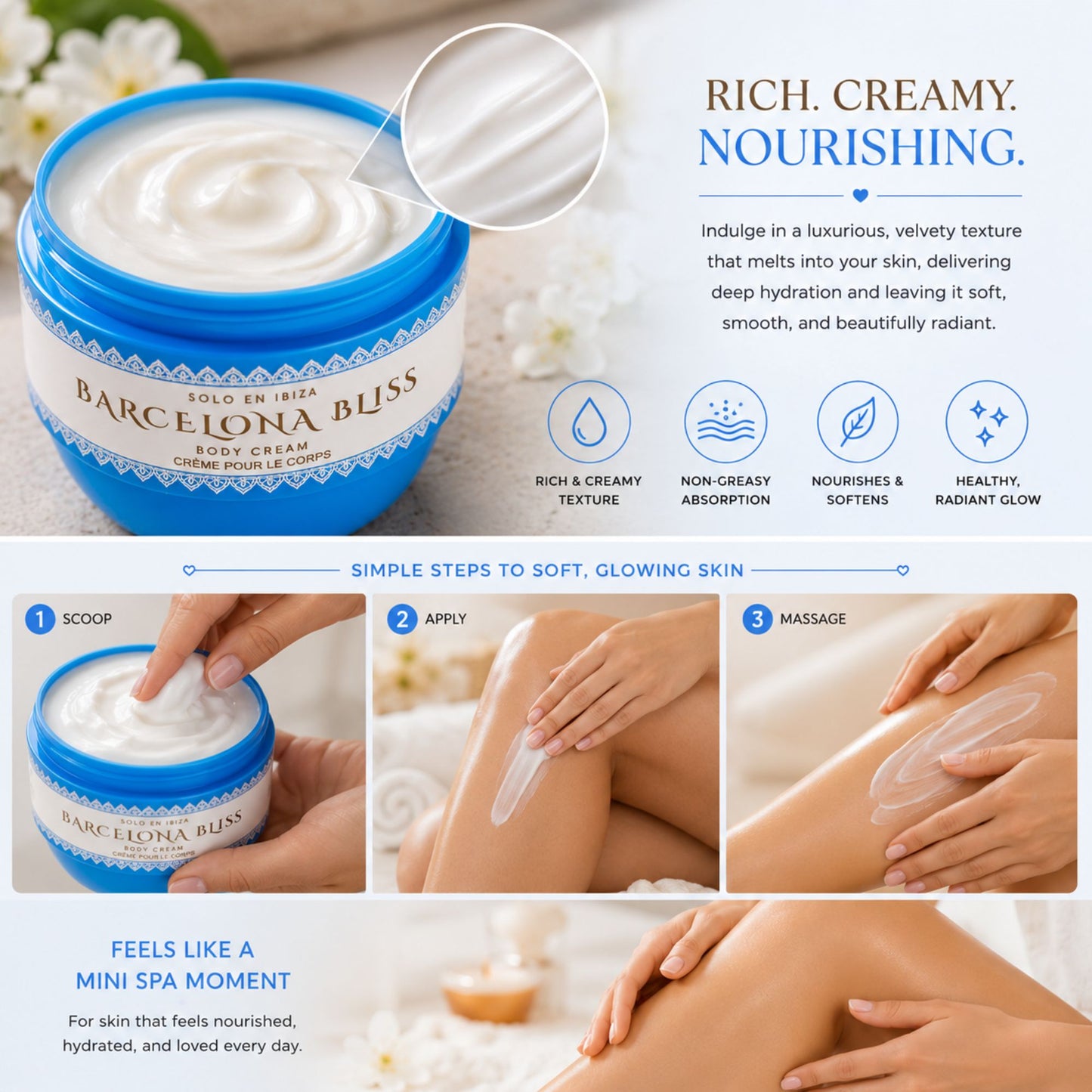 Barcelona Bliss Rich & Creamy Body Cream jar shown in a promotional graphic with a close-up of the white cream, benefit icons, and three step-by-step application panels on skin.